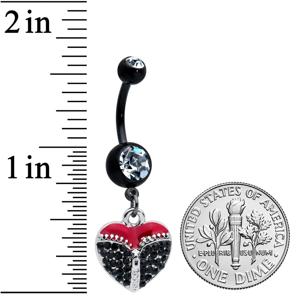 BodyCandy Clear Black CZ Gem Black Get Unzipped Heart Valentines Day Belly Ring — detail close-up