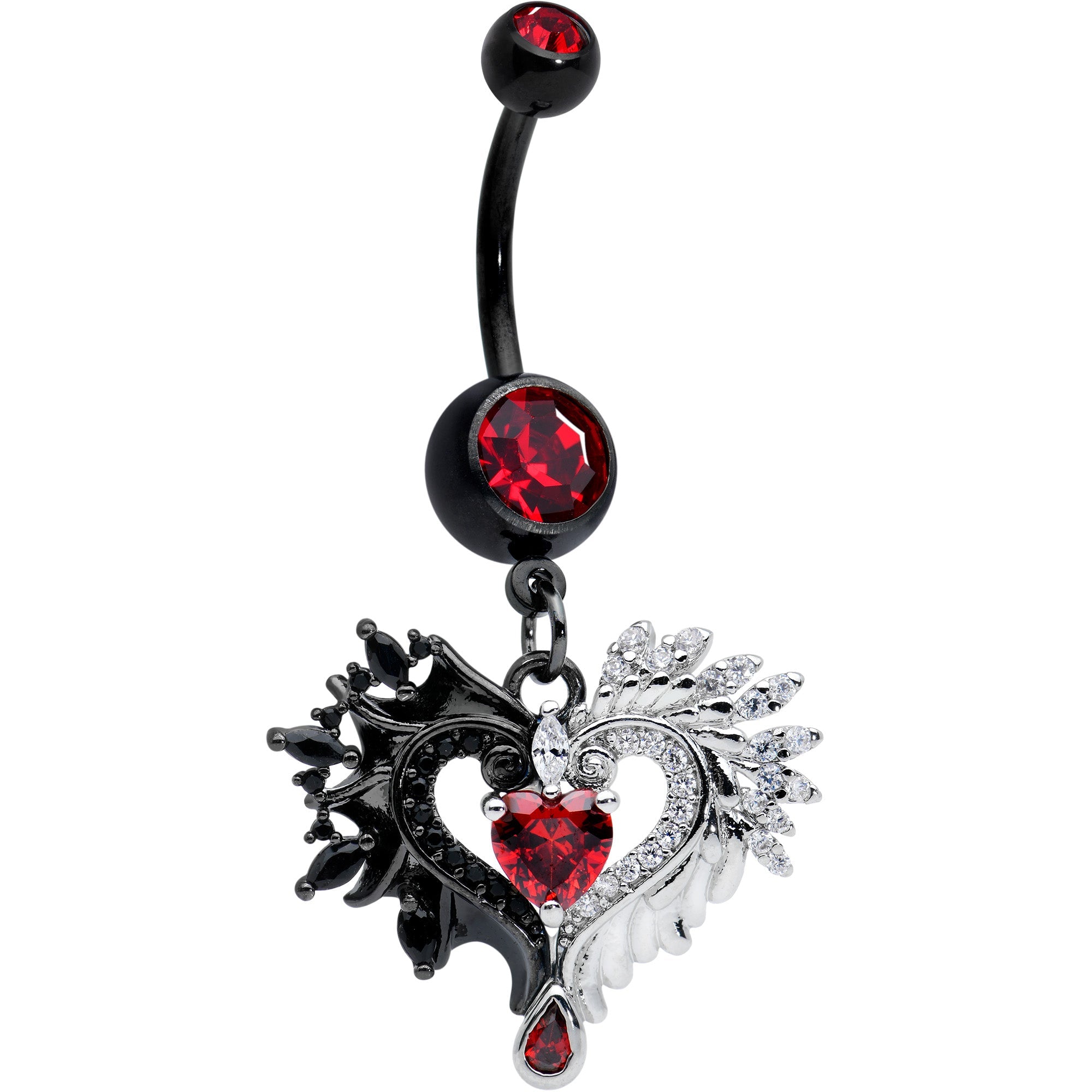 BodyCandy Red CZ Gem Black Elegant Winged Heart Valentines Day Dangle Belly Ring — main product shot