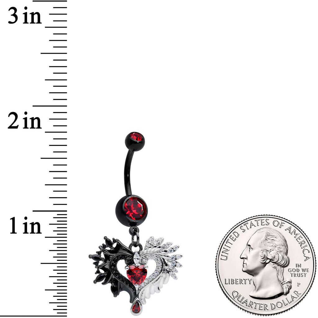 BodyCandy Red CZ Gem Black Elegant Winged Heart Valentines Day Dangle Belly Ring — detail close-up