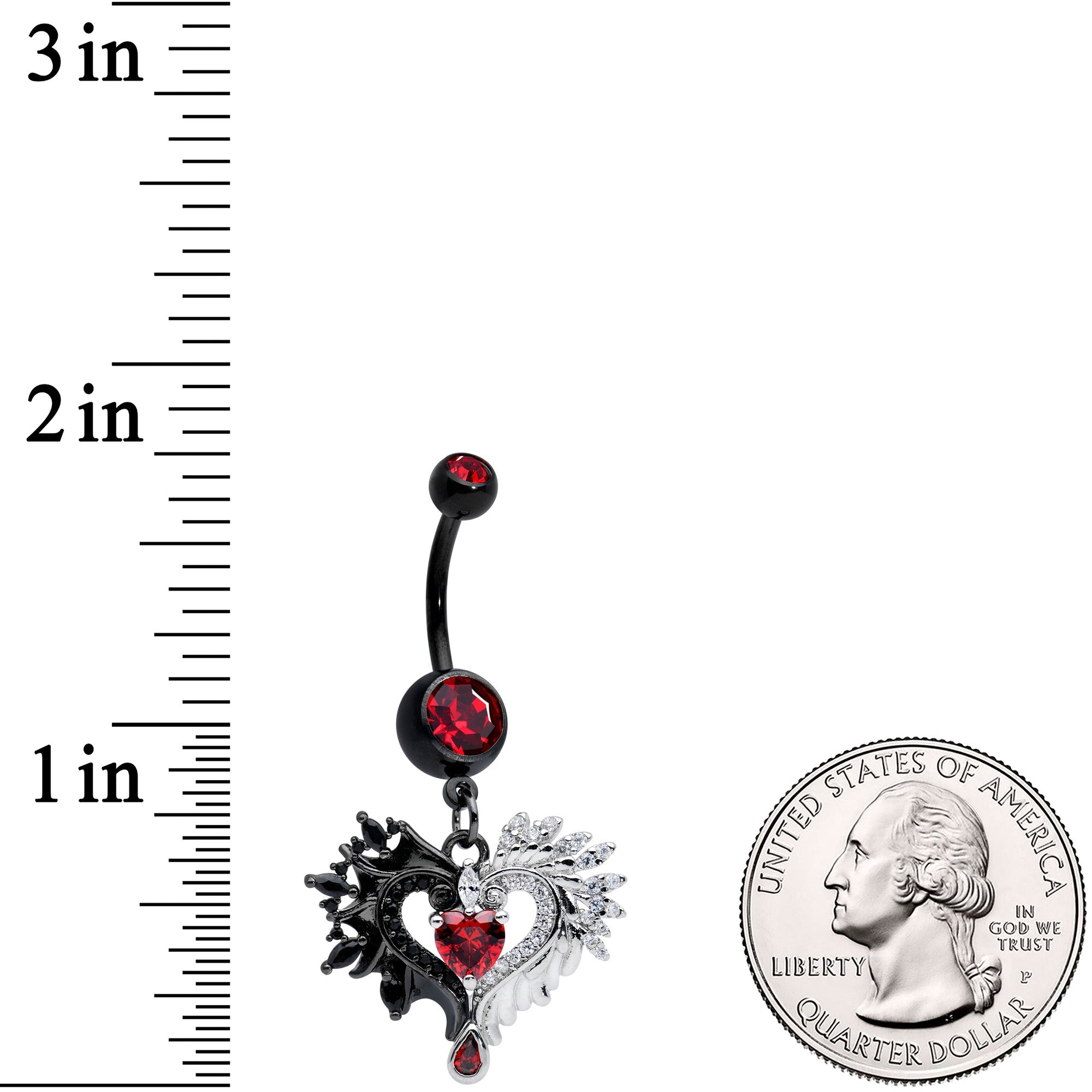 BodyCandy Red CZ Gem Black Elegant Winged Heart Valentines Day Dangle Belly Ring — detail close-up