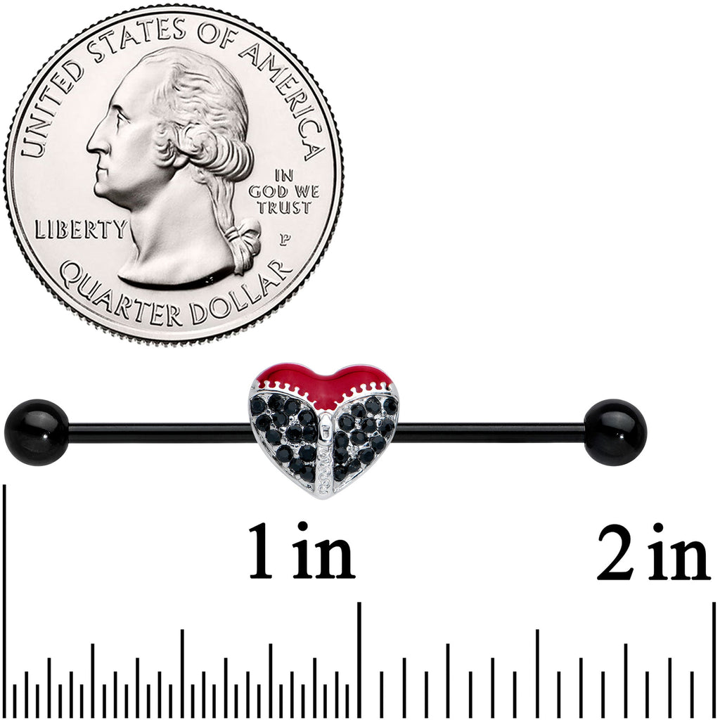 BodyCandy 14G Black CZ Gem Black Unzipped Heart Industrial Barbell 38mm — detail close-up