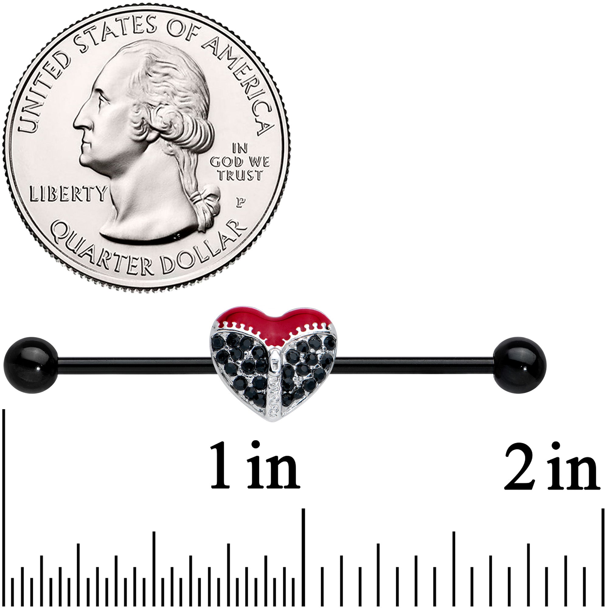 BodyCandy 14G Black CZ Gem Black Unzipped Heart Industrial Barbell 38mm — detail close-up