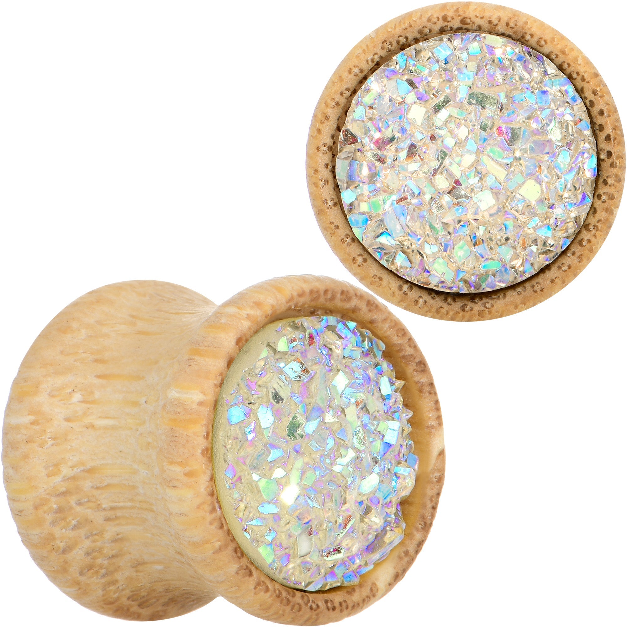 BodyCandy 7/16 White Druzy Stone Wood Saddle Plug Set — main product shot