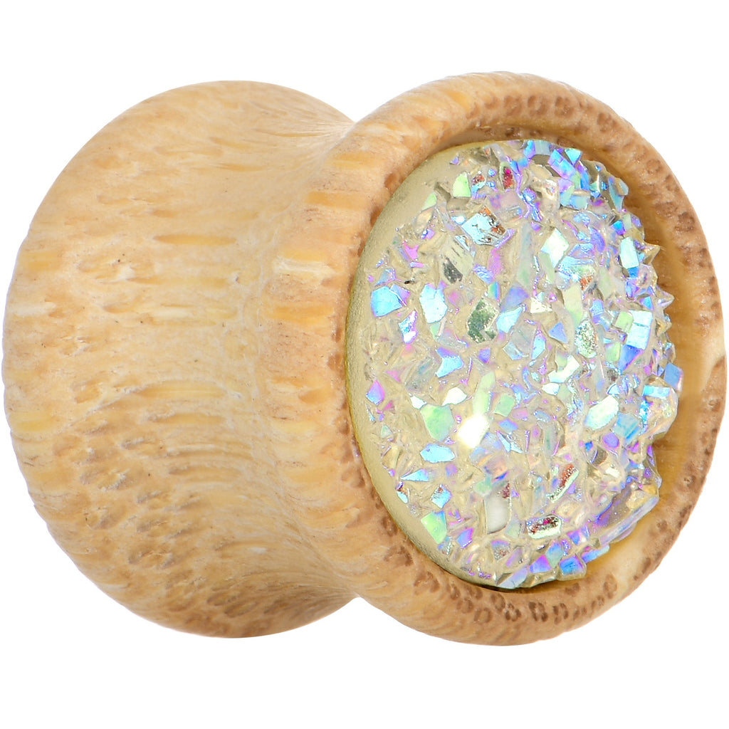 BodyCandy 7/16 White Druzy Stone Wood Saddle Plug Set — detail close-up