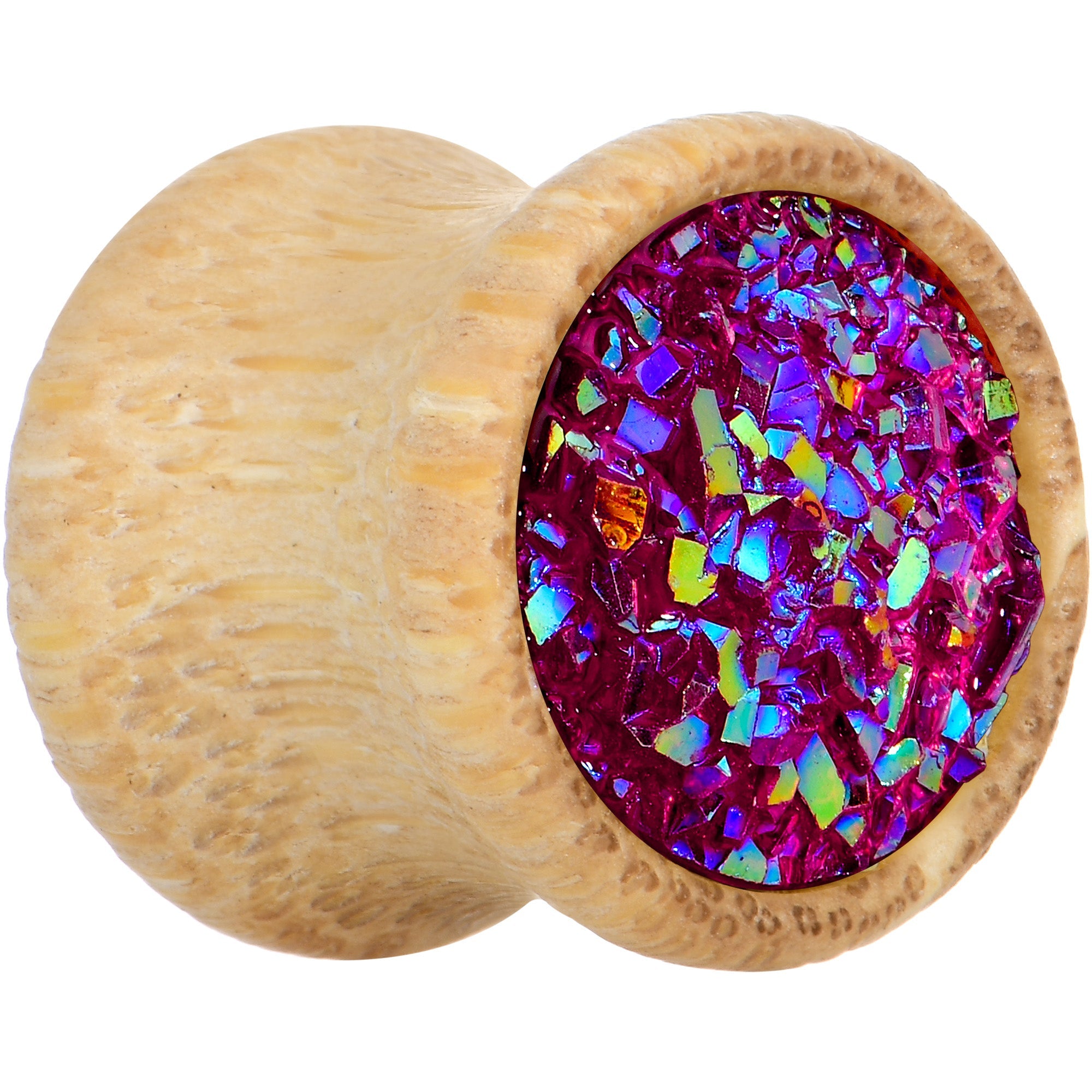BodyCandy 7/16 Pink Druzy Stone Wood Saddle Plug Set — detail close-up