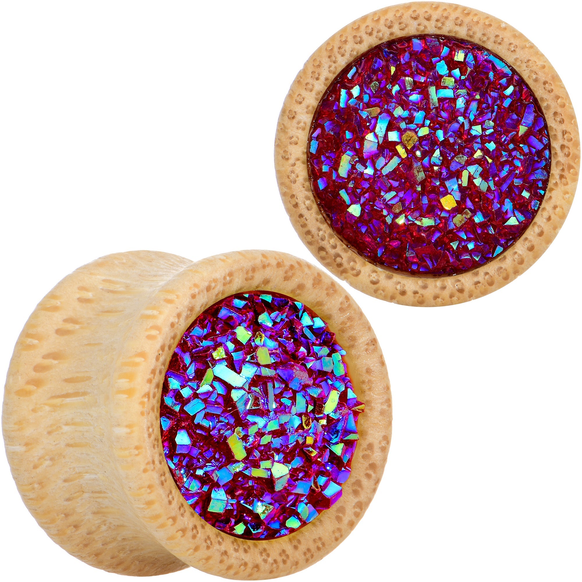 BodyCandy 9/16 Pink Druzy Stone Wood Saddle Plug Set — main product shot