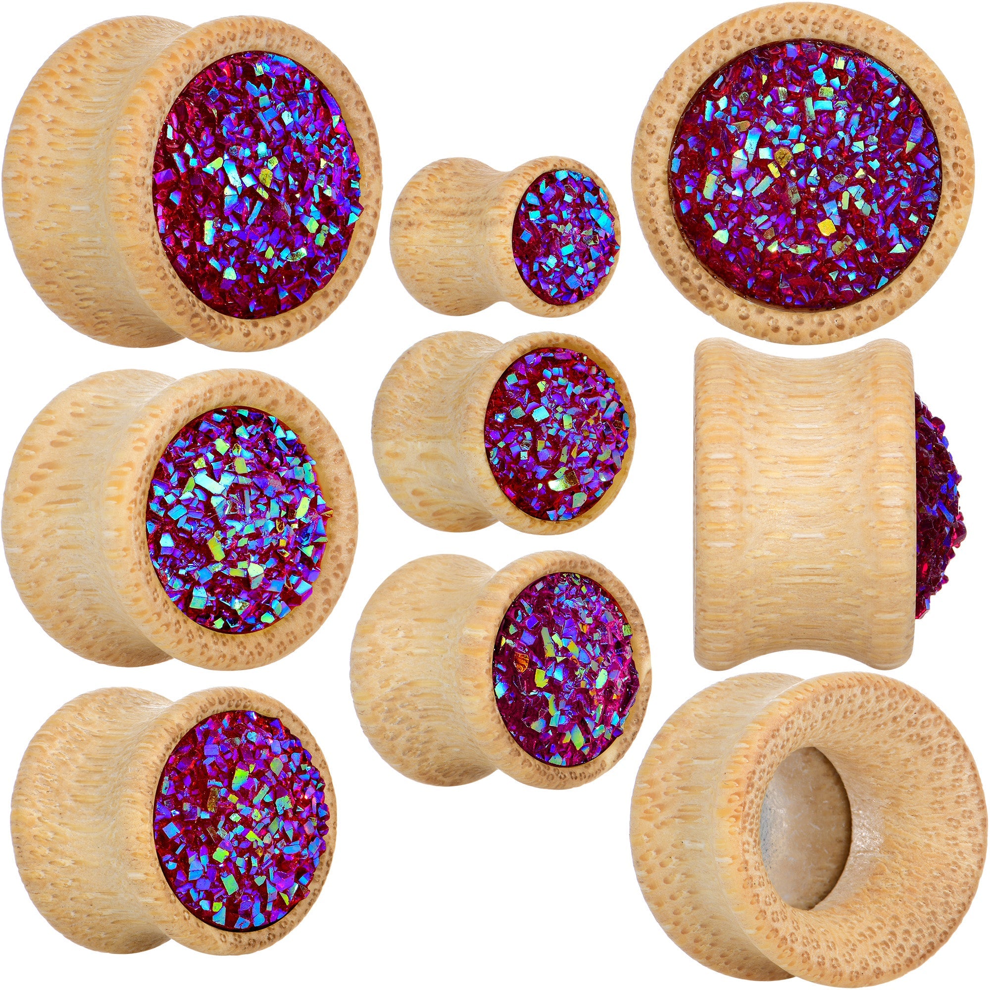 BodyCandy 9/16 Pink Druzy Stone Wood Saddle Plug Set — back view