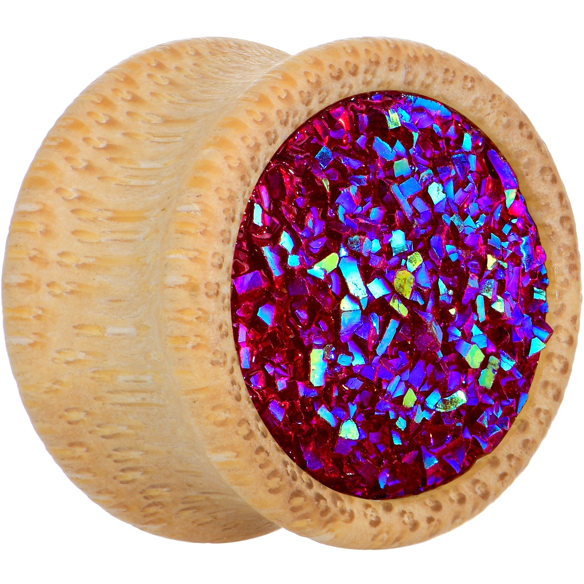 BodyCandy 5/8 Pink Druzy Stone Wood Saddle Plug Set — detail close-up