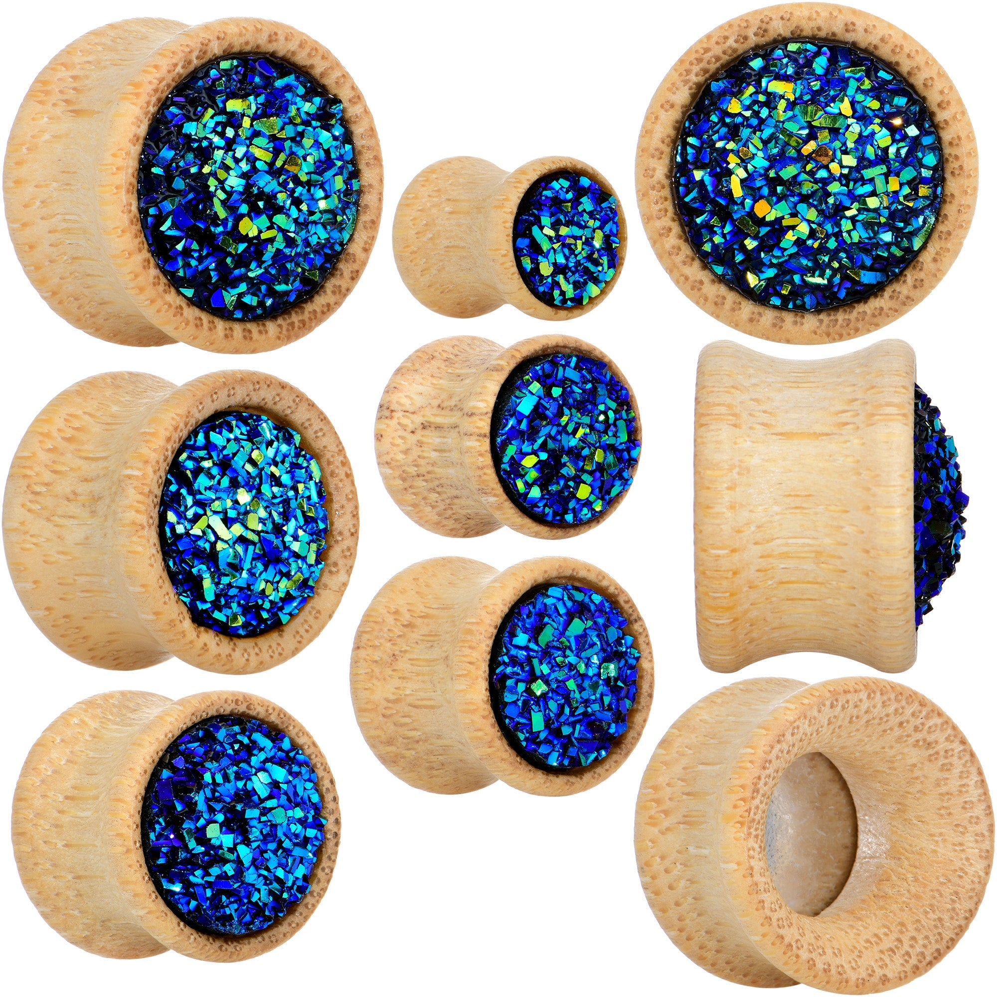 BodyCandy 7/16 Blue Druzy Stone Wood Saddle Plug Set — back view