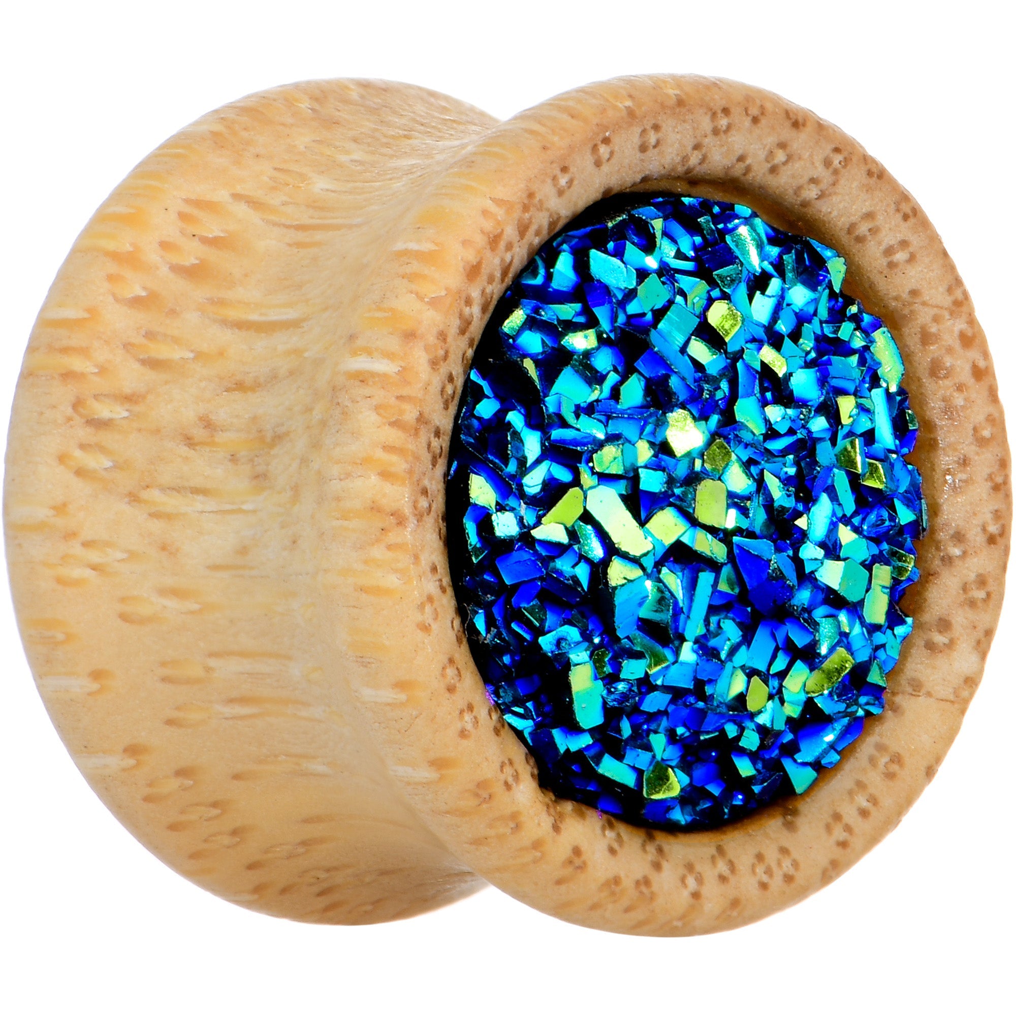 BodyCandy 9/16 Blue Druzy Stone Wood Saddle Plug Set — detail close-up