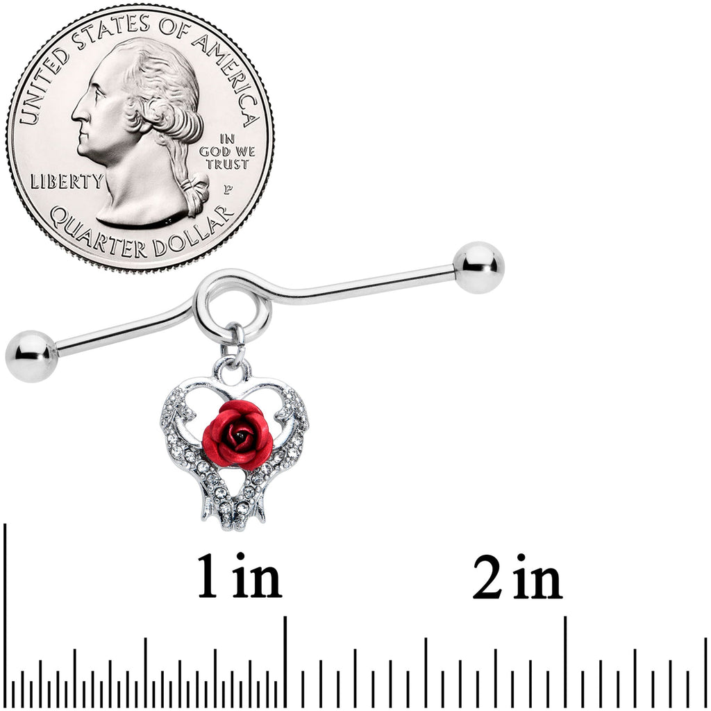BodyCandy 14G Heart Red Rose Flower Valentines Day Dangle Project Bar 38mm — detail close-up