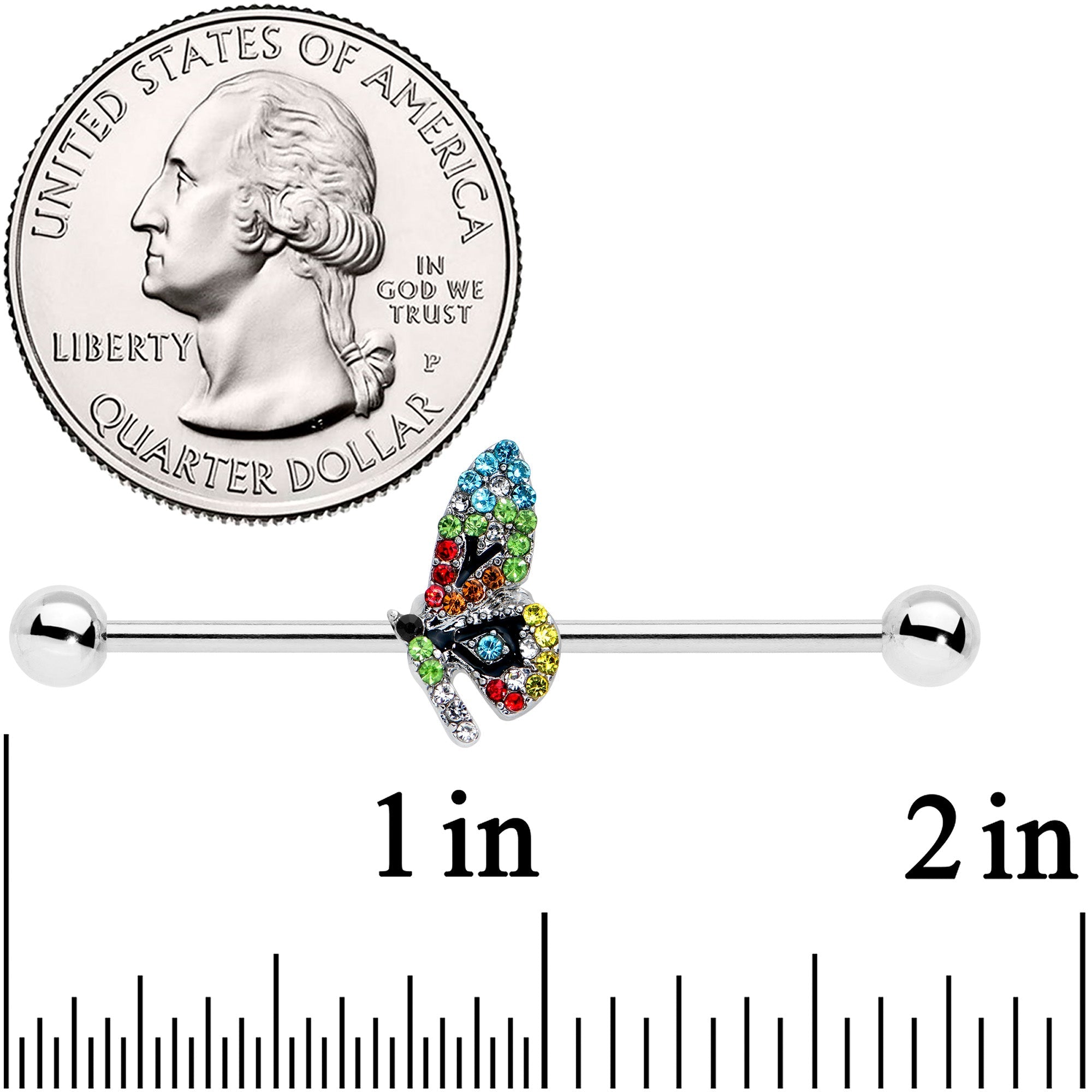 BodyCandy 14G Blue Red Green Gem Glitz Dragonfly Industrial Barbell 38mm — detail close-up