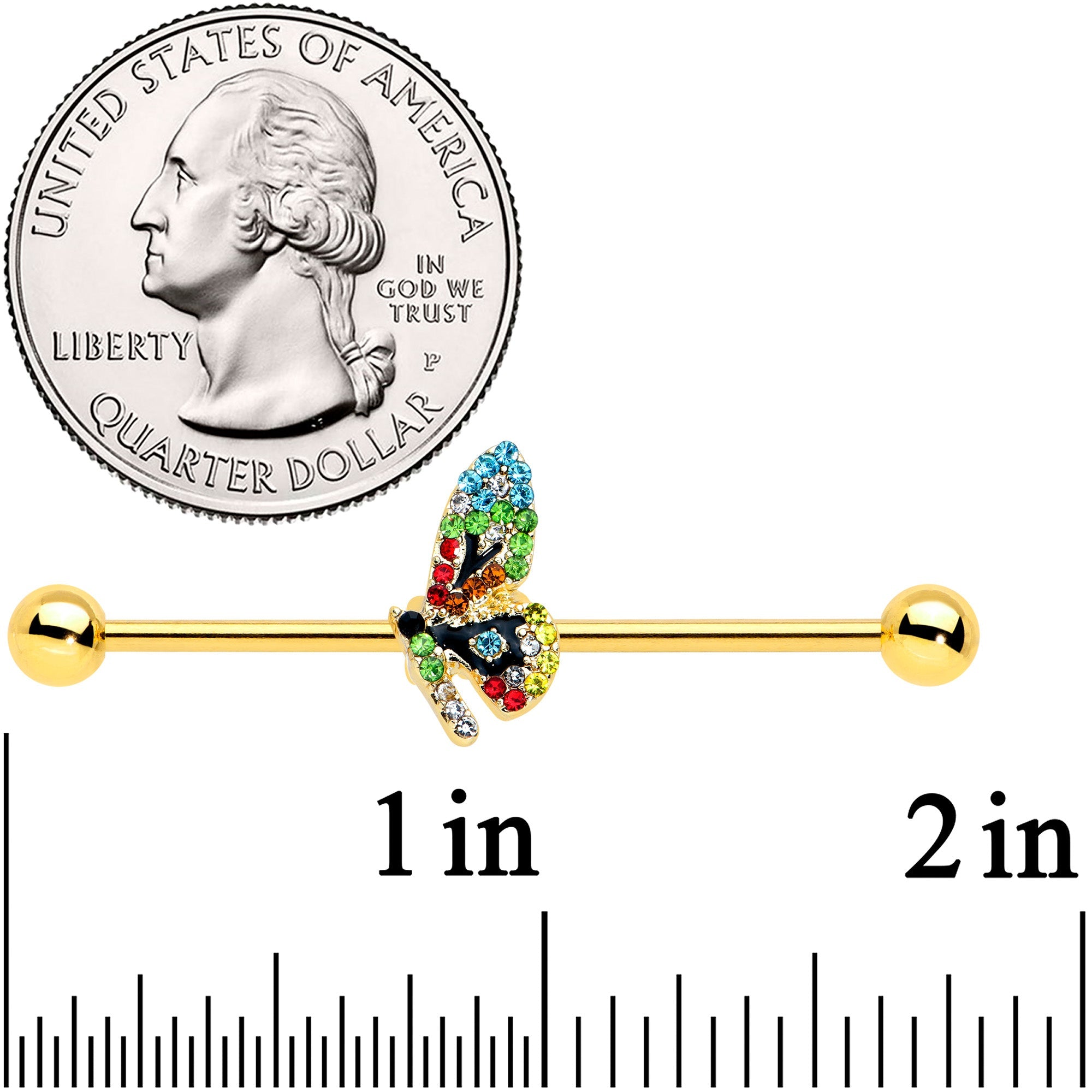 BodyCandy 14G Blue Gem Gold Tone Glitz Dragonfly Industrial Barbell 38mm — detail close-up