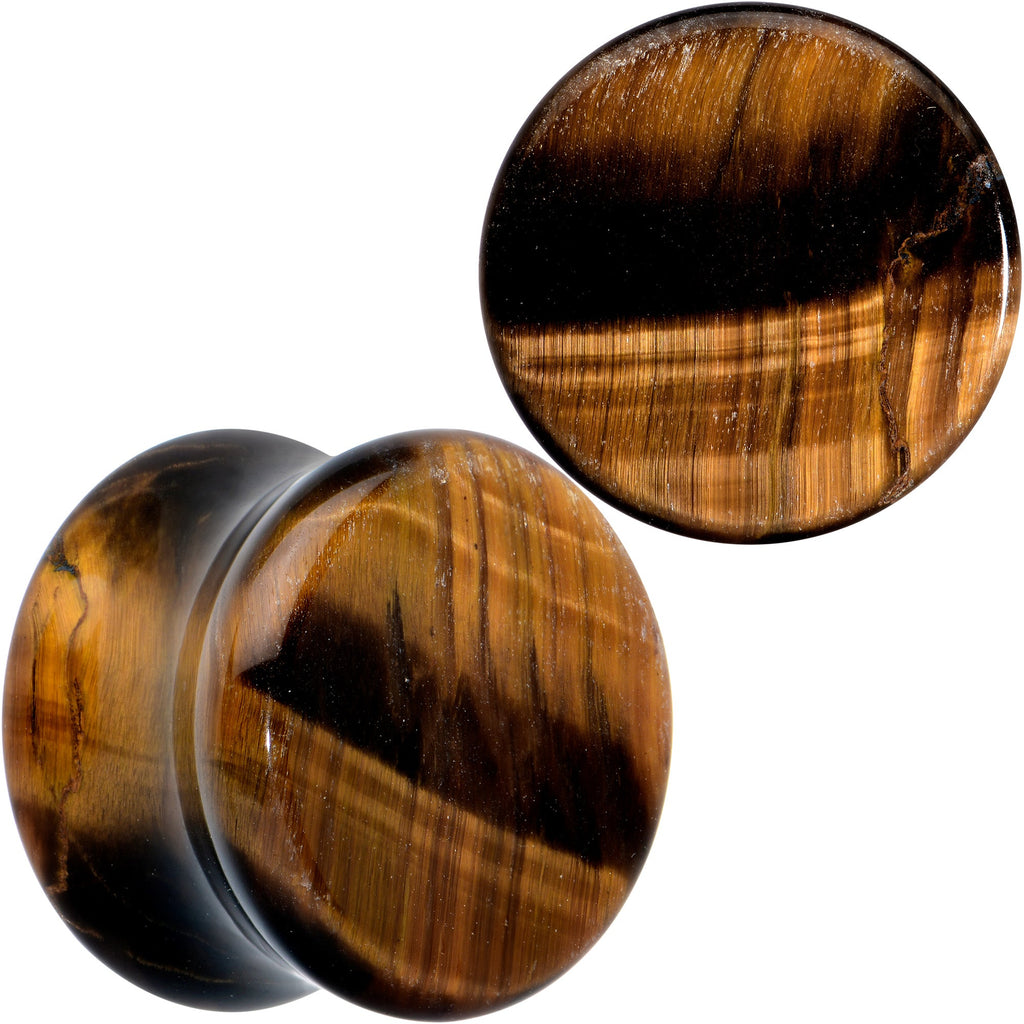 BodyCandy Natural Brown Tiger Eye Stone Double Flare Plug Set — flat-lay composition