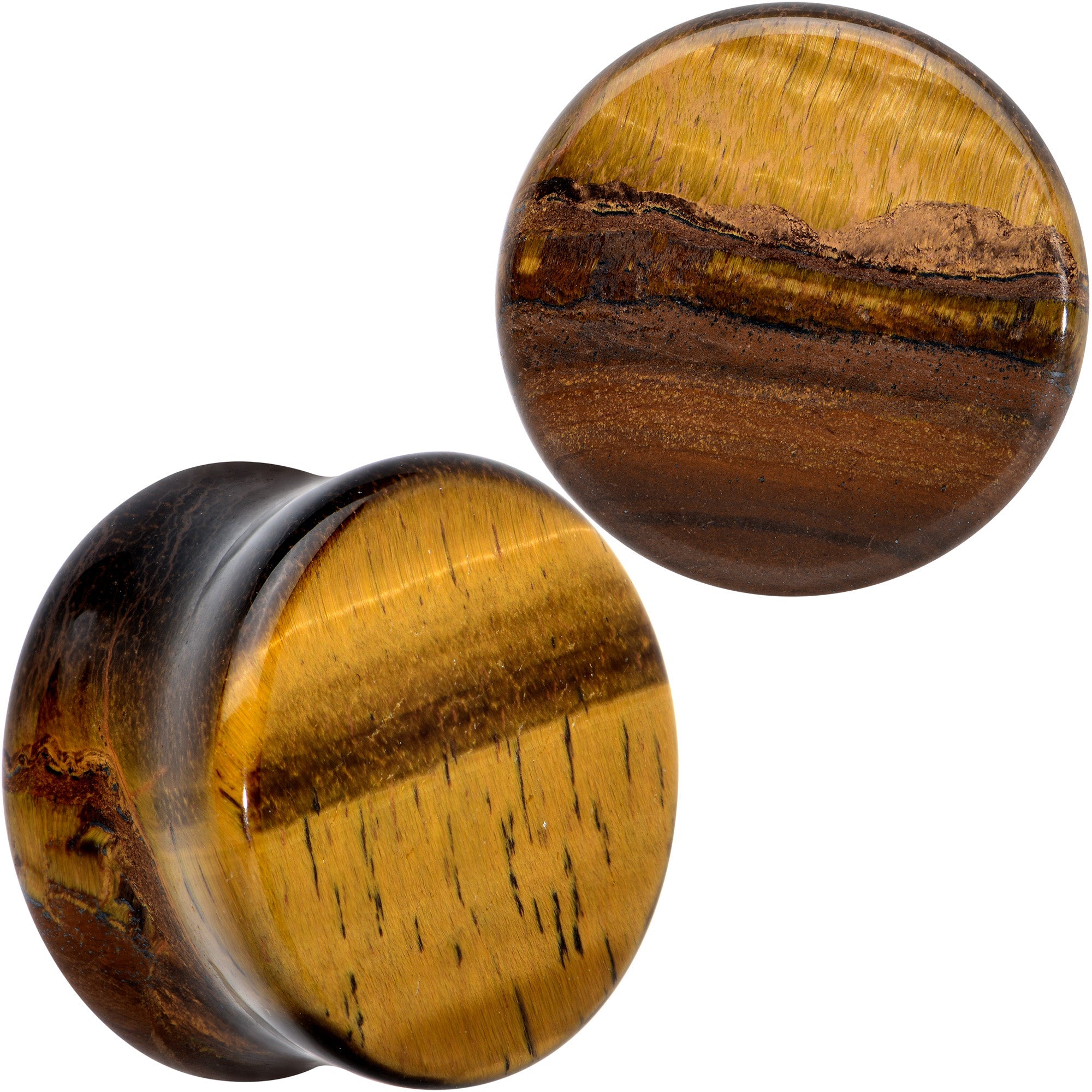 BodyCandy Natural Brown Tiger Eye Stone Double Flare Plug Set — detail close-up