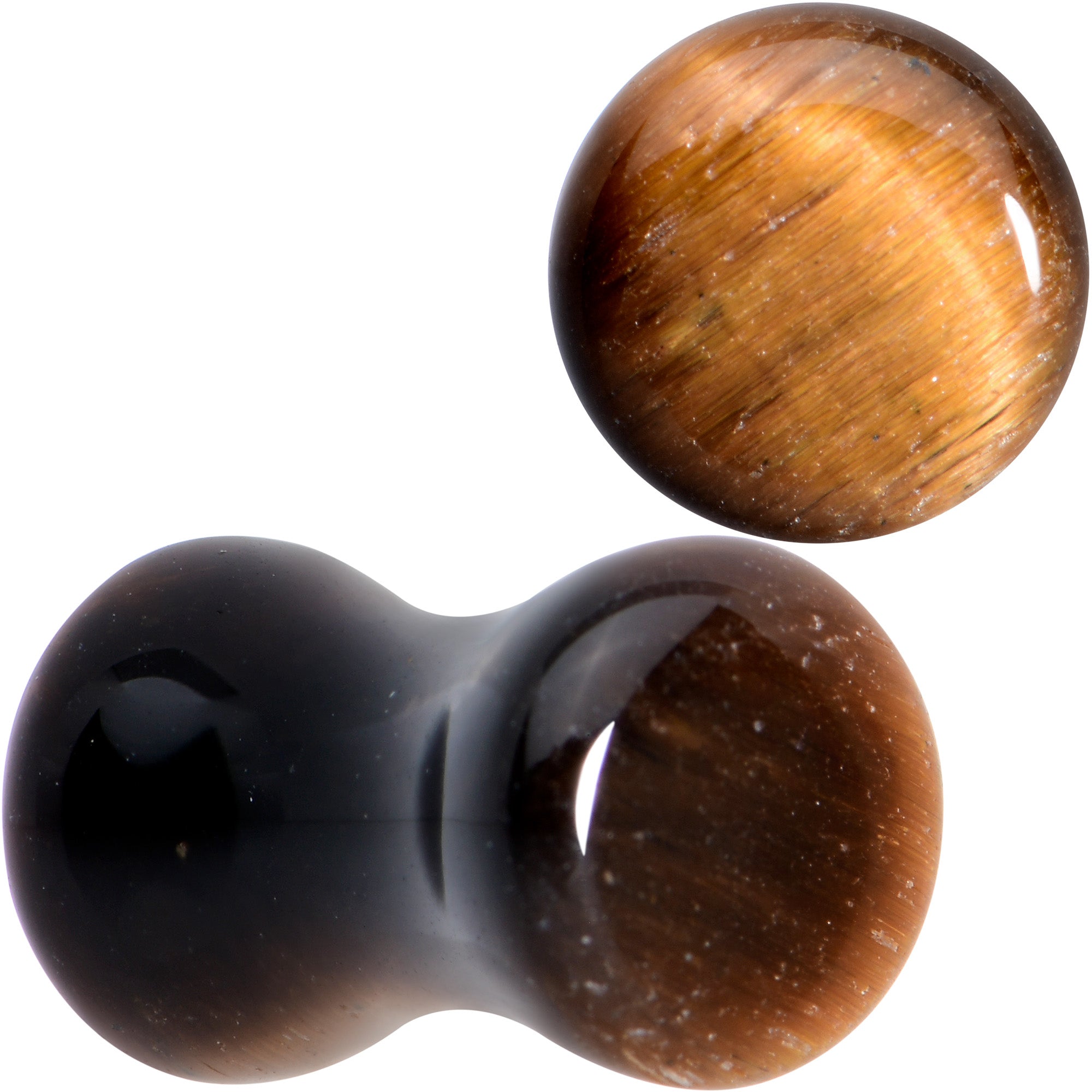 BodyCandy Natural Brown Tiger Eye Stone Double Flare Plug Set — in-use photo