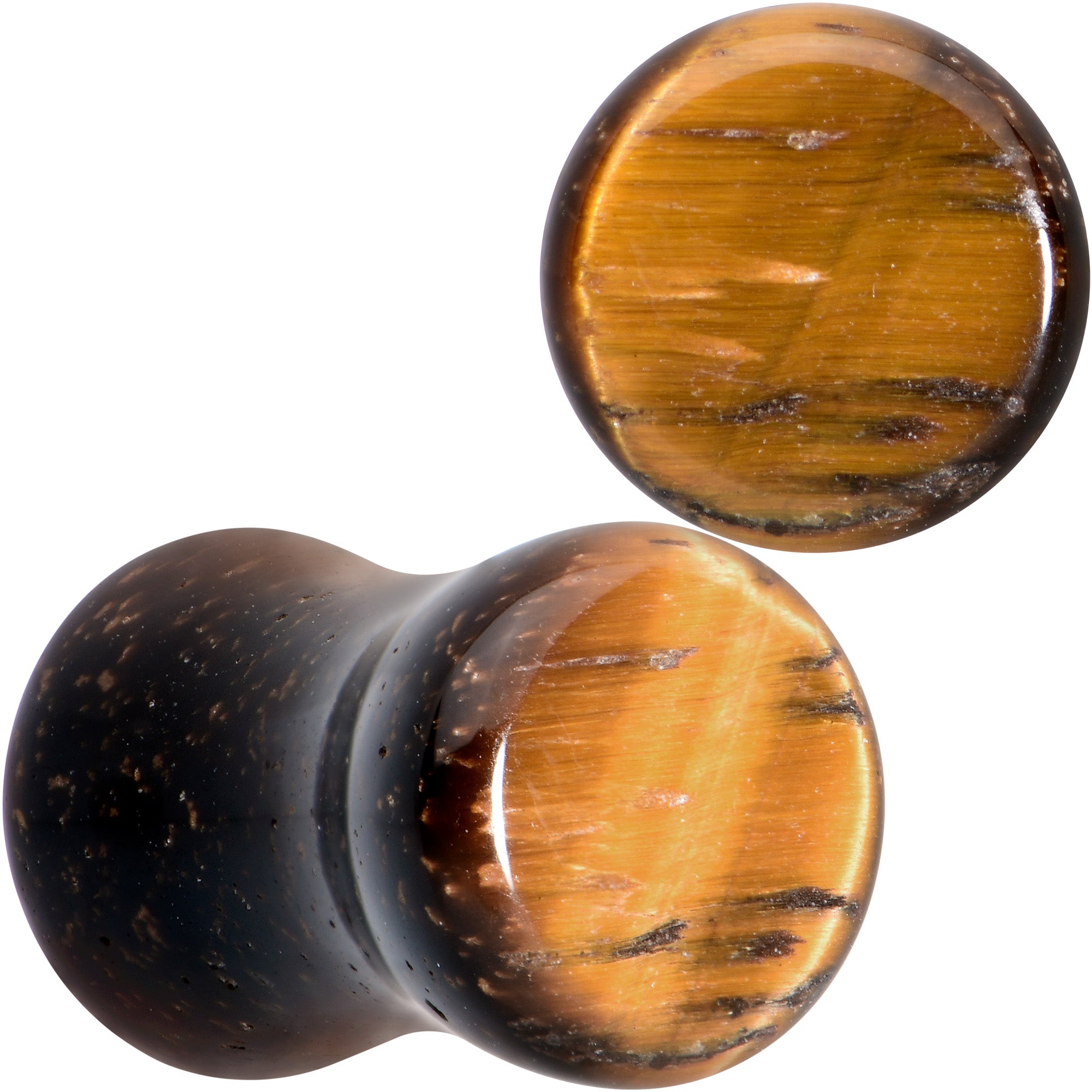 BodyCandy Natural Brown Tiger Eye Stone Double Flare Plug Set — size reference