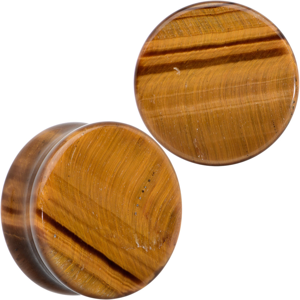 BodyCandy Natural Brown Tiger Eye Stone Double Flare Plug Set — detail close-up
