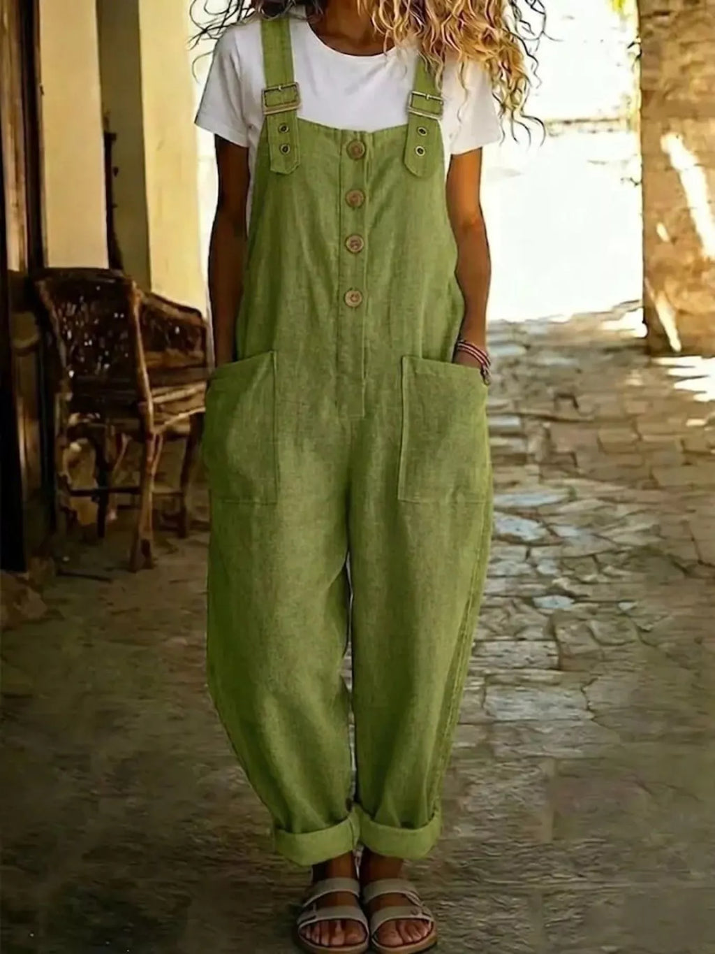 Casual Button Front Wide Leg Overalls