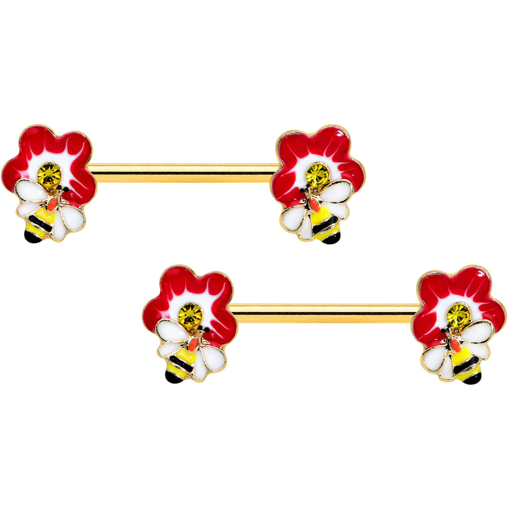 BodyCandy 14G 9/16 Yellow Gem Gold Tone Queen Bee Flower Nipple Ring Set — main product shot