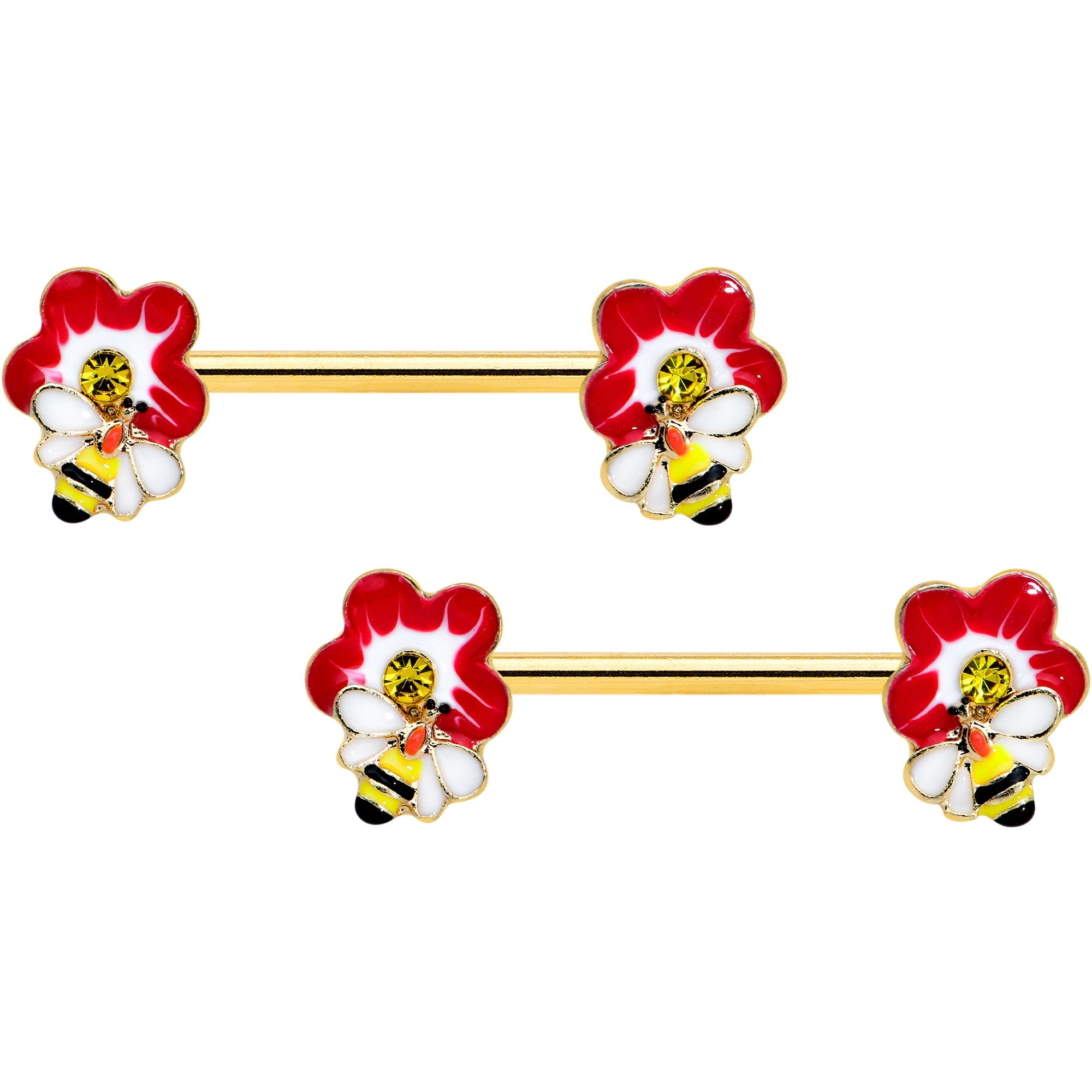 BodyCandy 14G 9/16 Yellow Gem Gold Tone Queen Bee Flower Nipple Ring Set — main product shot