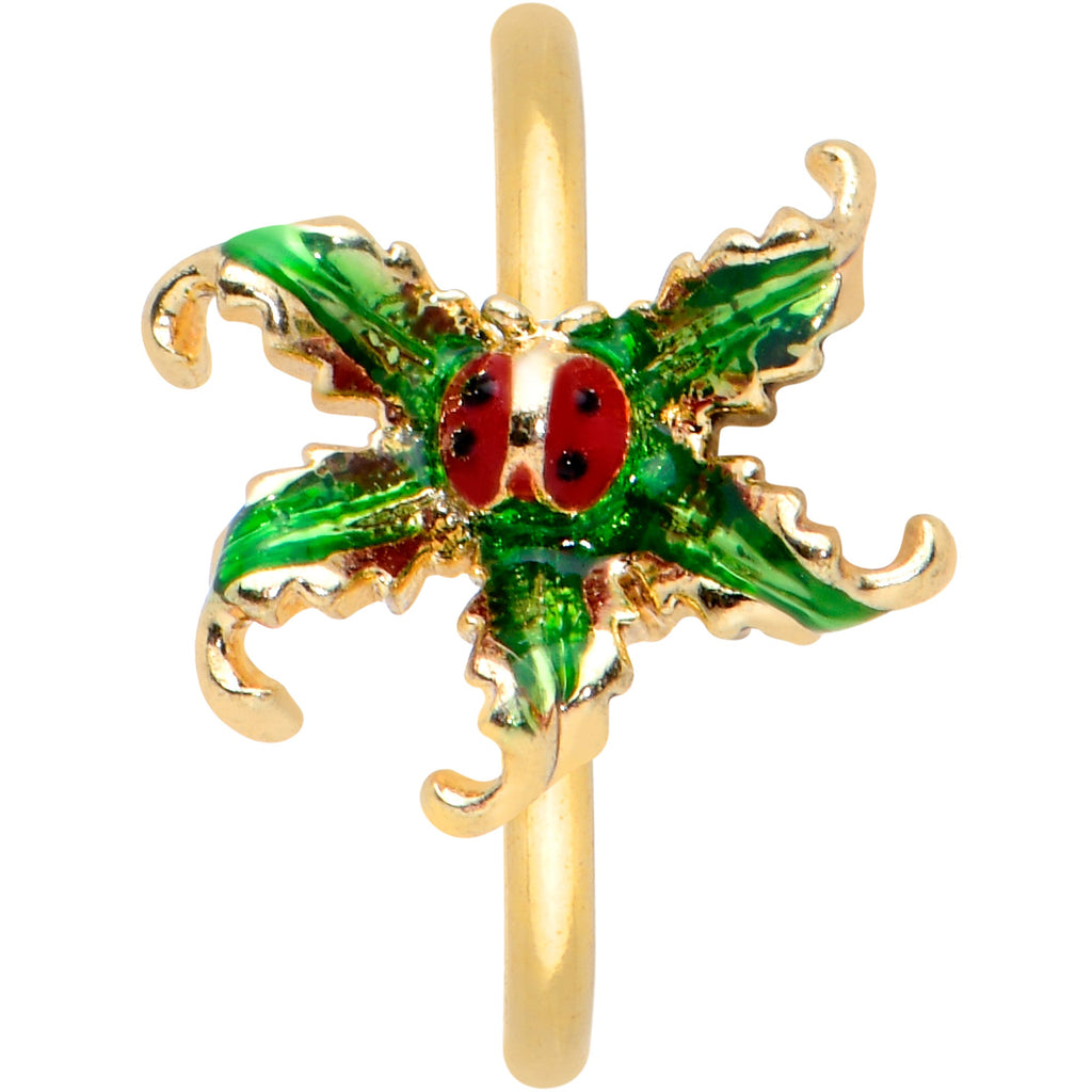 BodyCandy 20G 5/16 Gold Tone Tiny Ladybug Leaves Nose Hoop — detail close-up