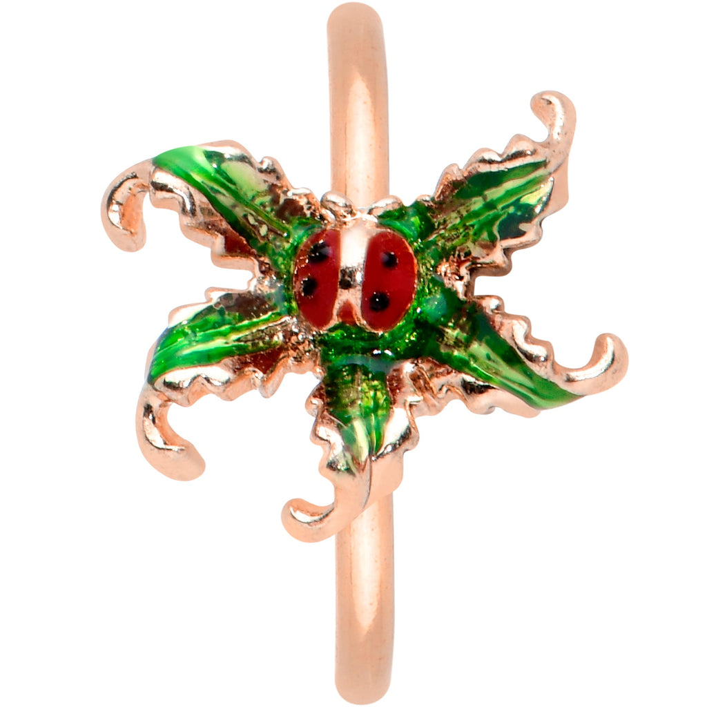 BodyCandy 20G 5/16 Rose Gold Tone Tiny Ladybug Leaves Nose Hoop — detail close-up