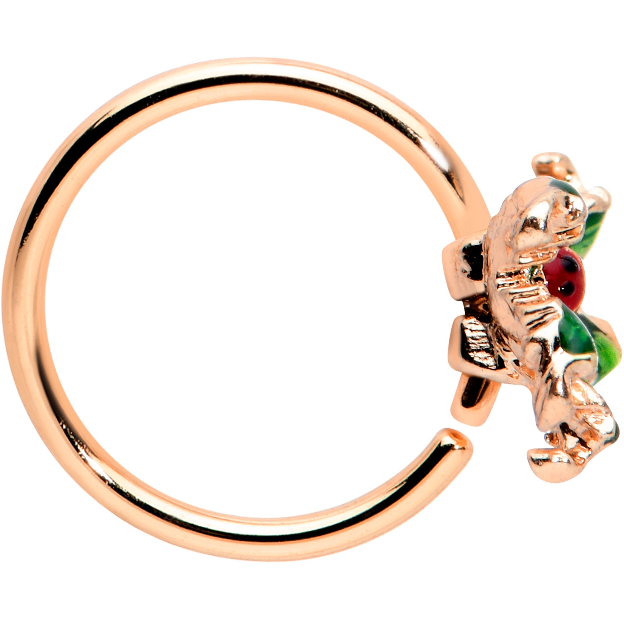 BodyCandy 20G 5/16 Rose Gold Tone Tiny Ladybug Leaves Nose Hoop — lifestyle context