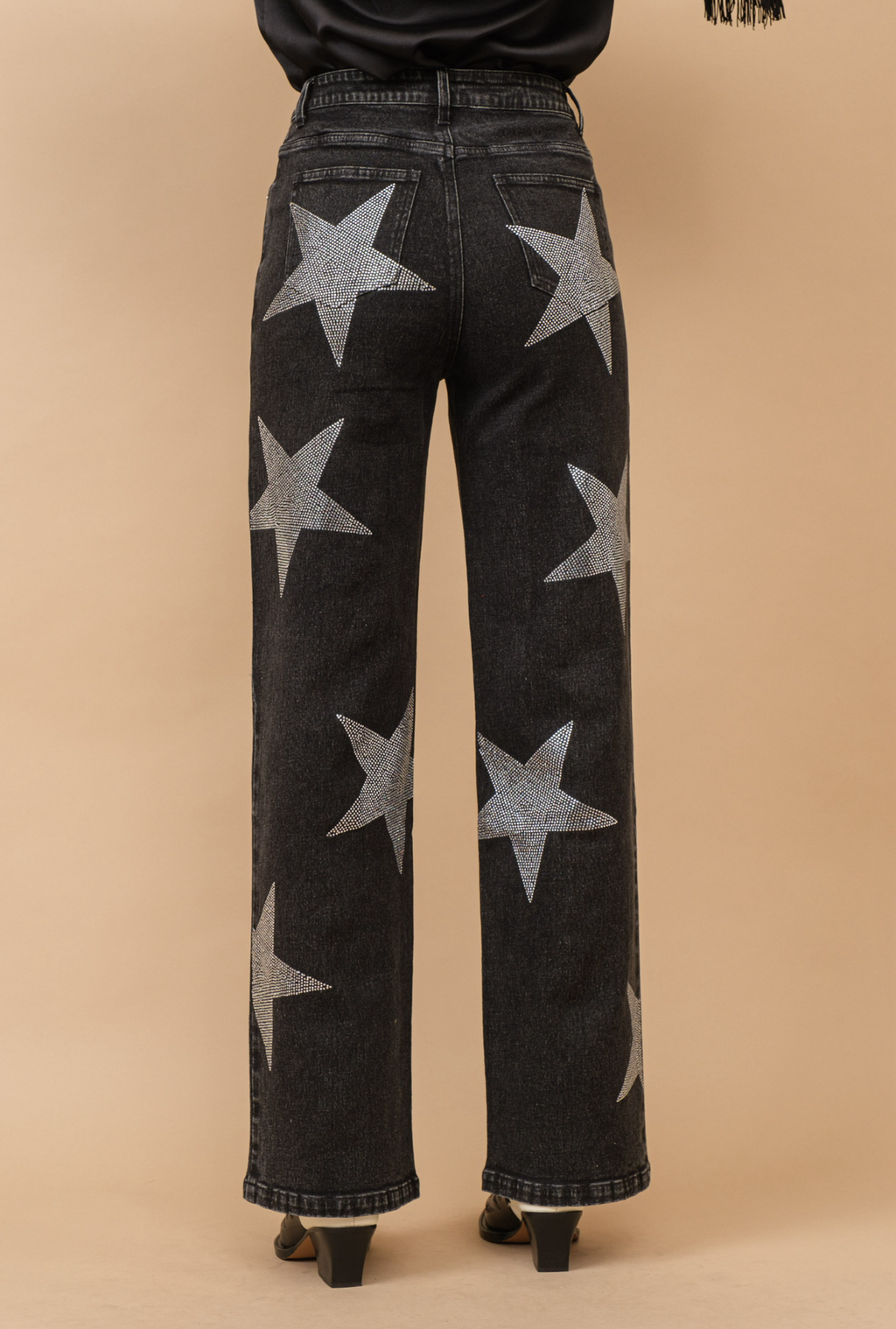 Black Star Sequin Denim Wide Leg Pants