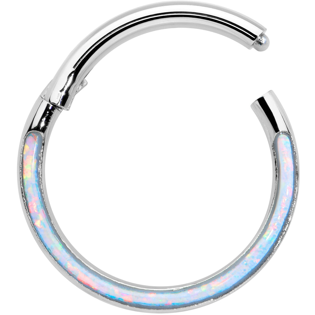 BodyCandy 16G 3/8 White Synthetic Opal Bottom Curve Hinged Segment Ring — detail close-up