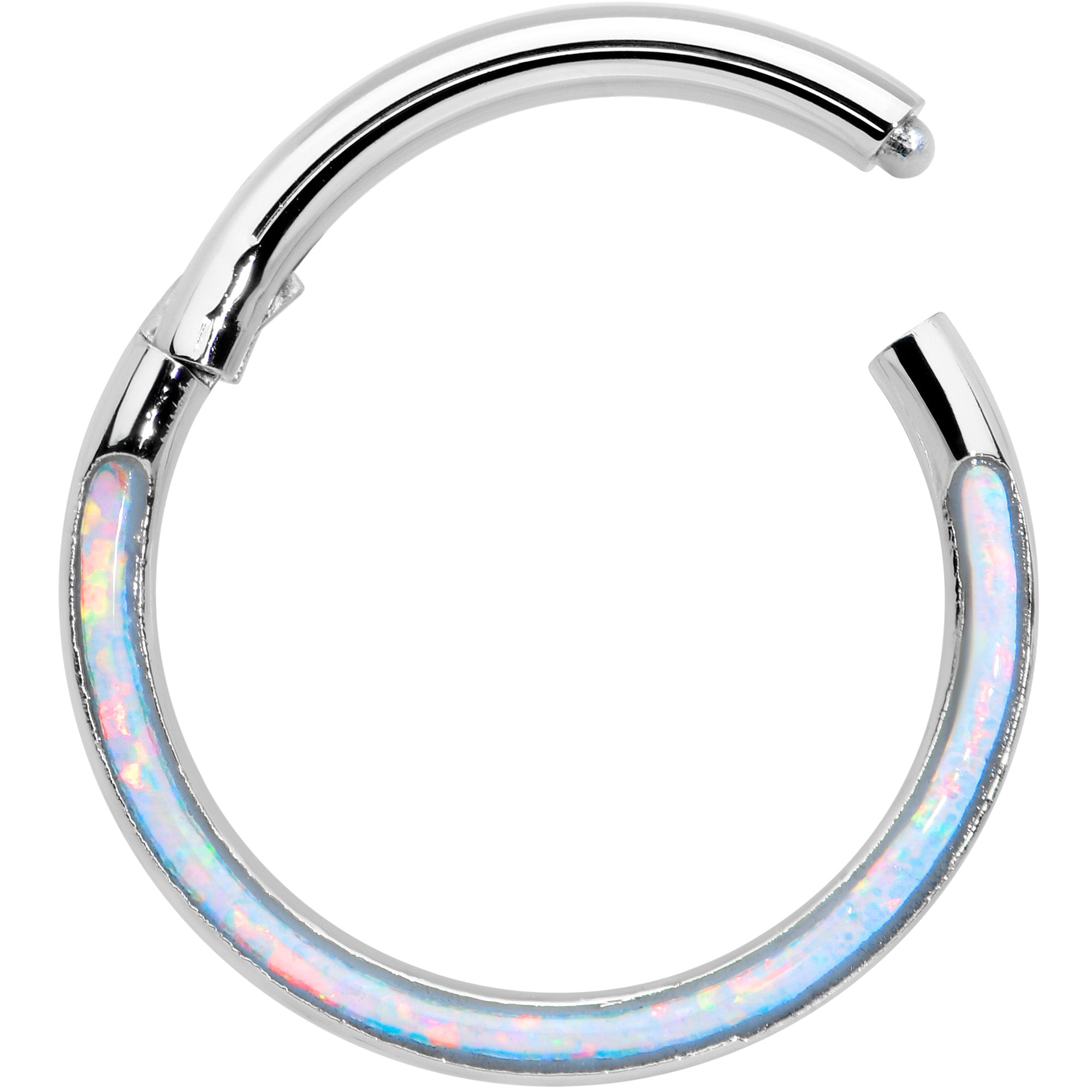 BodyCandy 16G 3/8 White Synthetic Opal Bottom Curve Hinged Segment Ring — detail close-up