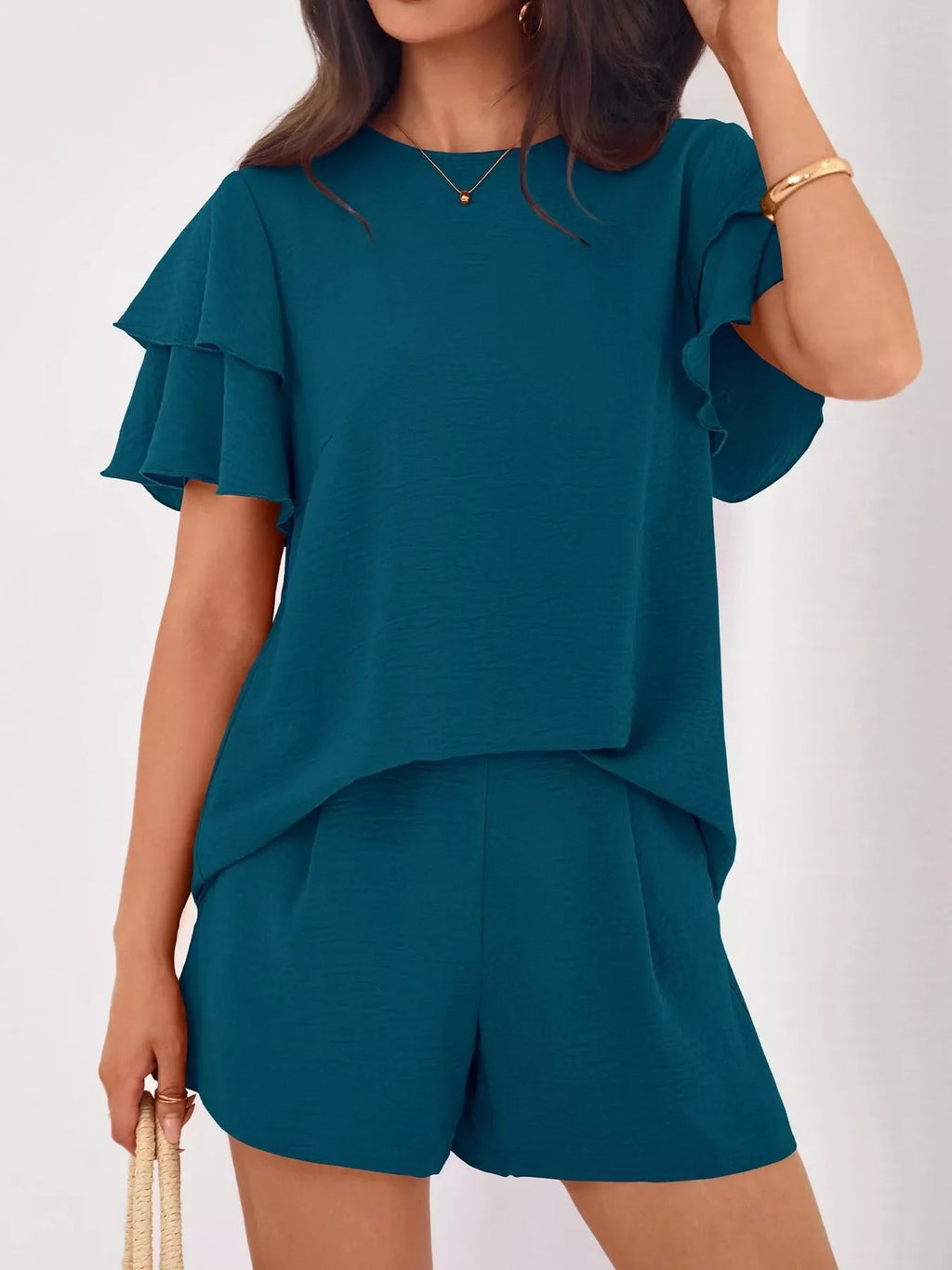 Ruffle Sleeve Top and Shorts Two-Piece Set