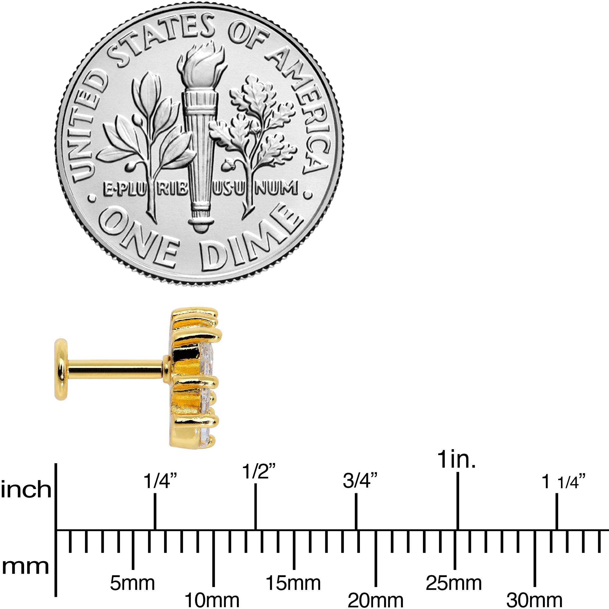 BodyCandy 16G 1/4 Clear CZ Gem Gold Tone Fan Internal Thread Labret Tragus — side view