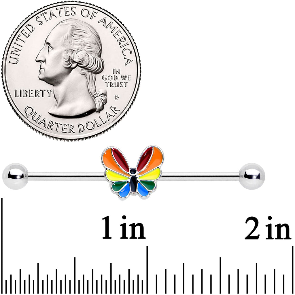 BodyCandy 14G Pride Rainbow Stripes Butterfly Industrial Barbell 38mm — detail close-up