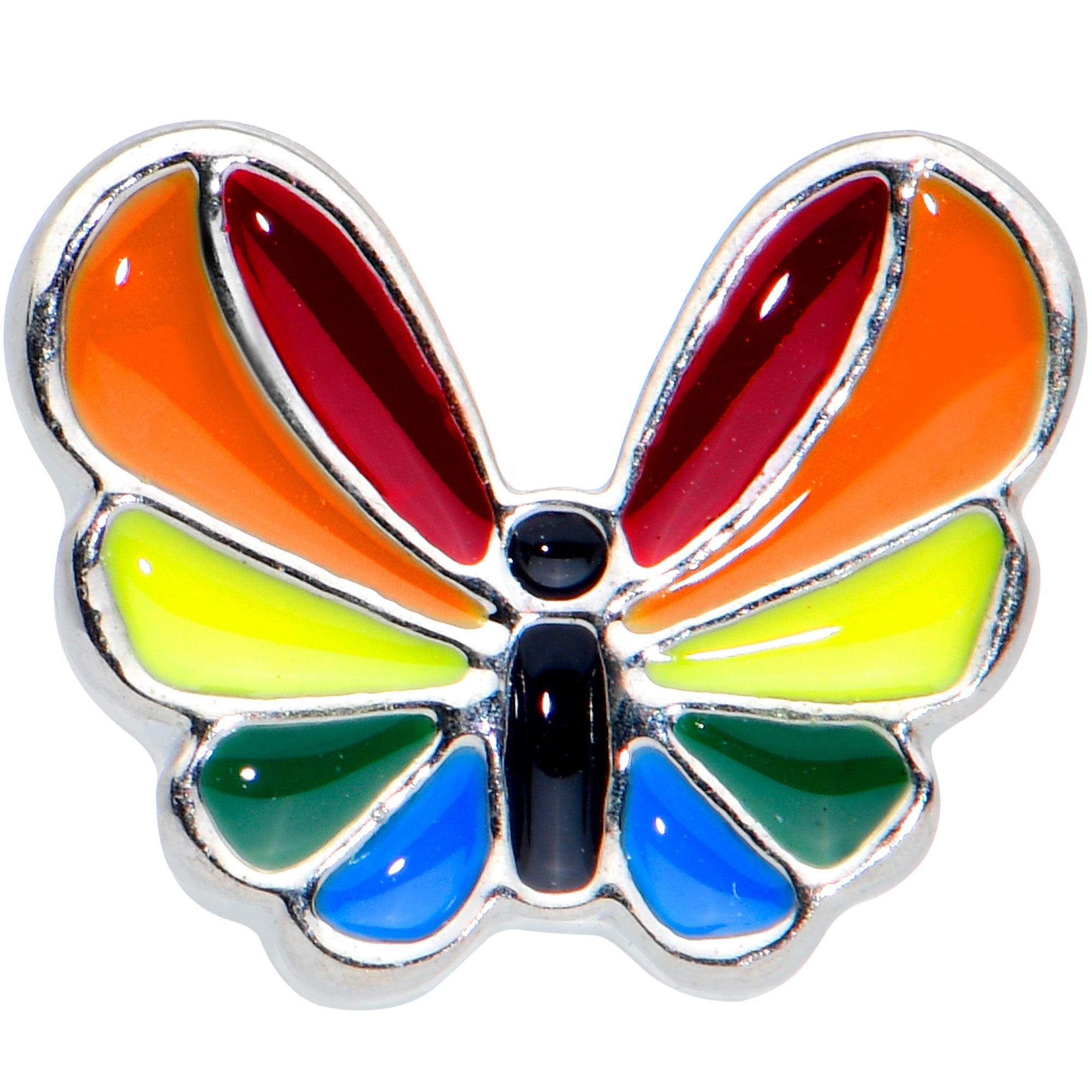 BodyCandy 16G 1/4 Pride Rainbow Stripes Butterfly Cartilage Tragus Earring — detail close-up