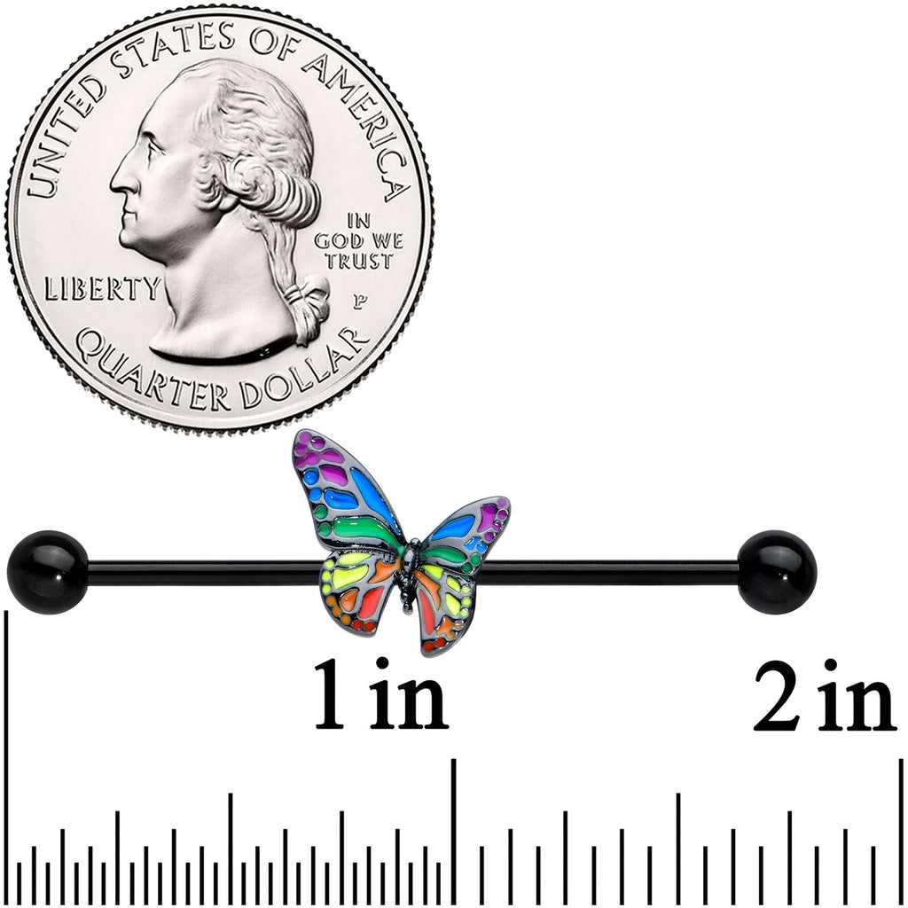 BodyCandy 14G Black Rainbow Pride Butterfly Industrial Barbell 38mm — detail close-up