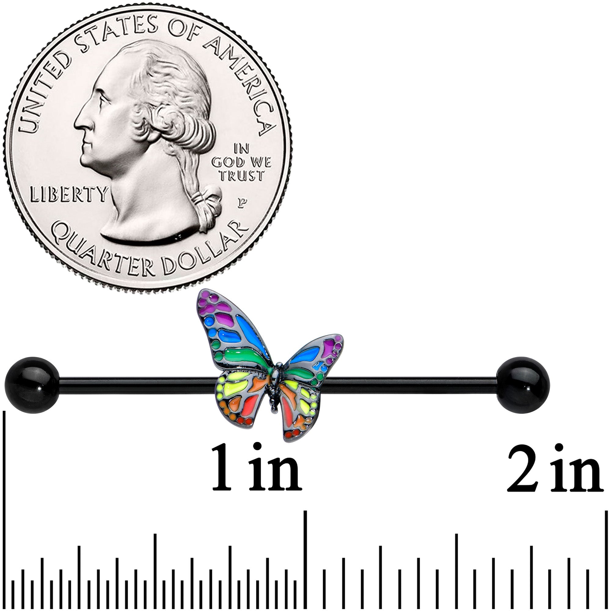 BodyCandy 14G Black Rainbow Pride Butterfly Industrial Barbell 38mm — detail close-up