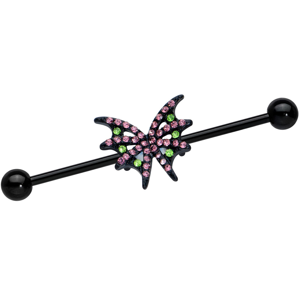 BodyCandy 14G Pink Green Gem Black Bat Wing Industrial Barbell 38mm — main product shot