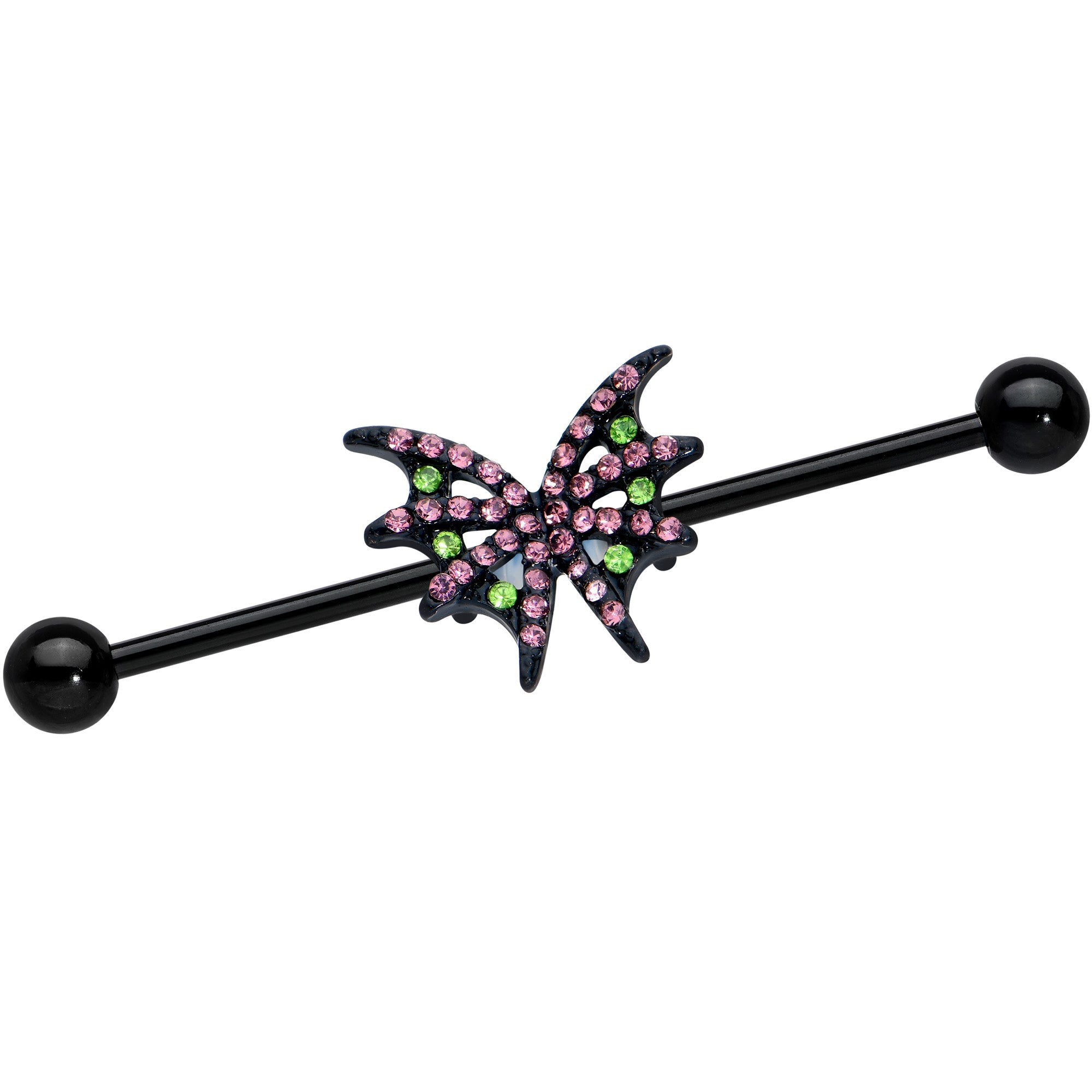 BodyCandy 14G Pink Green Gem Black Bat Wing Industrial Barbell 38mm — main product shot