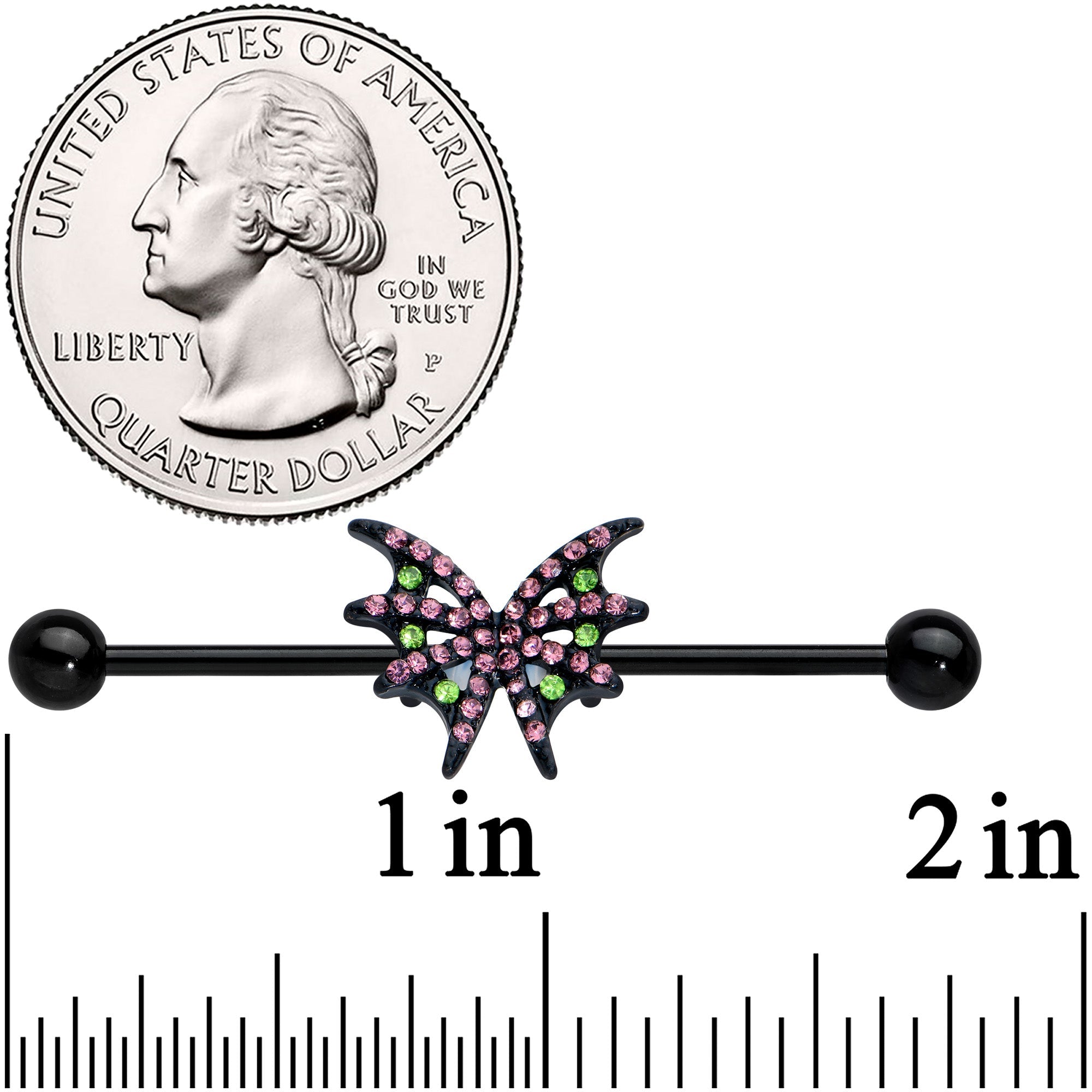 BodyCandy 14G Pink Green Gem Black Bat Wing Industrial Barbell 38mm — detail close-up