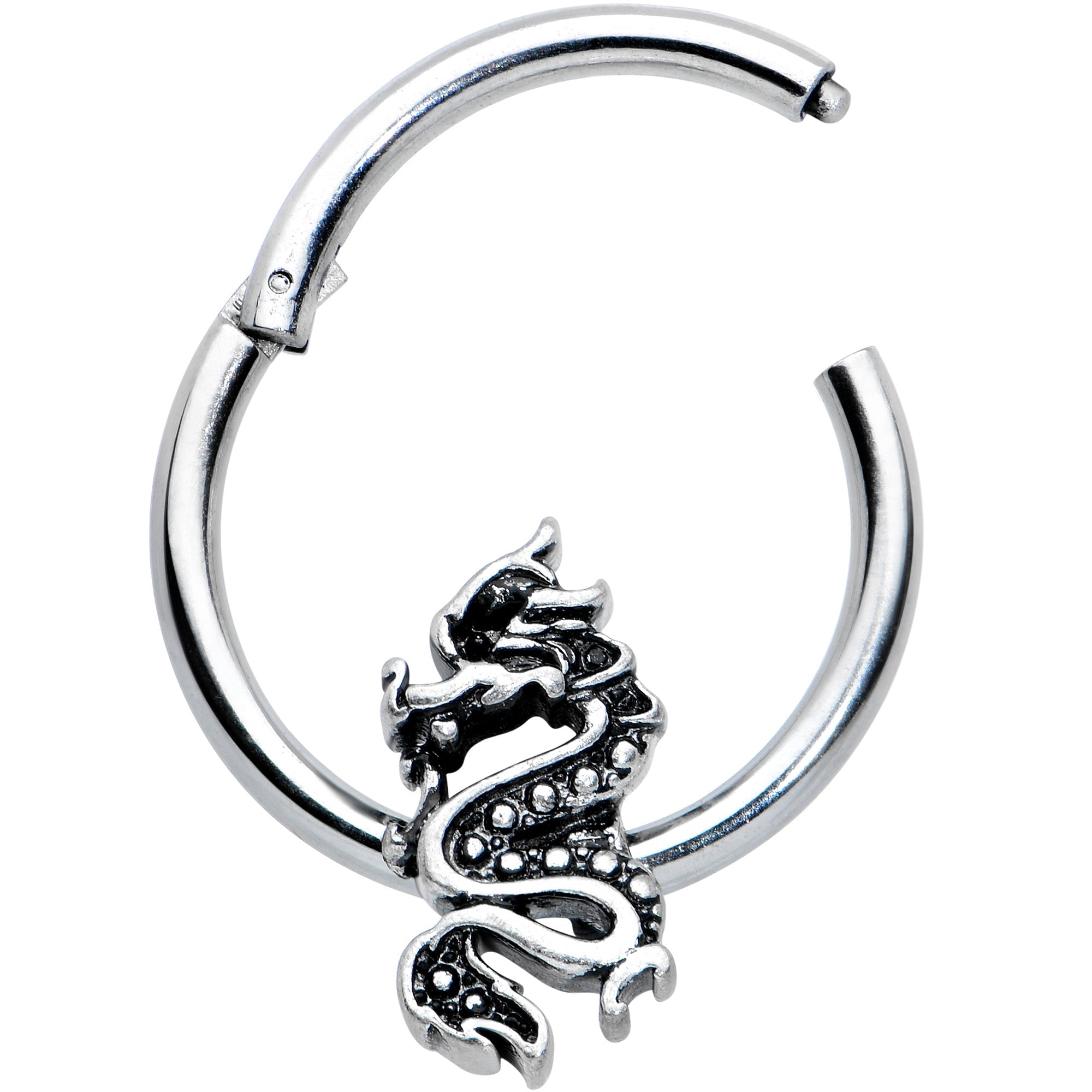 BodyCandy 16G 3/8 Regal Medieval Dragon Hinged Segment Ring — detail close-up