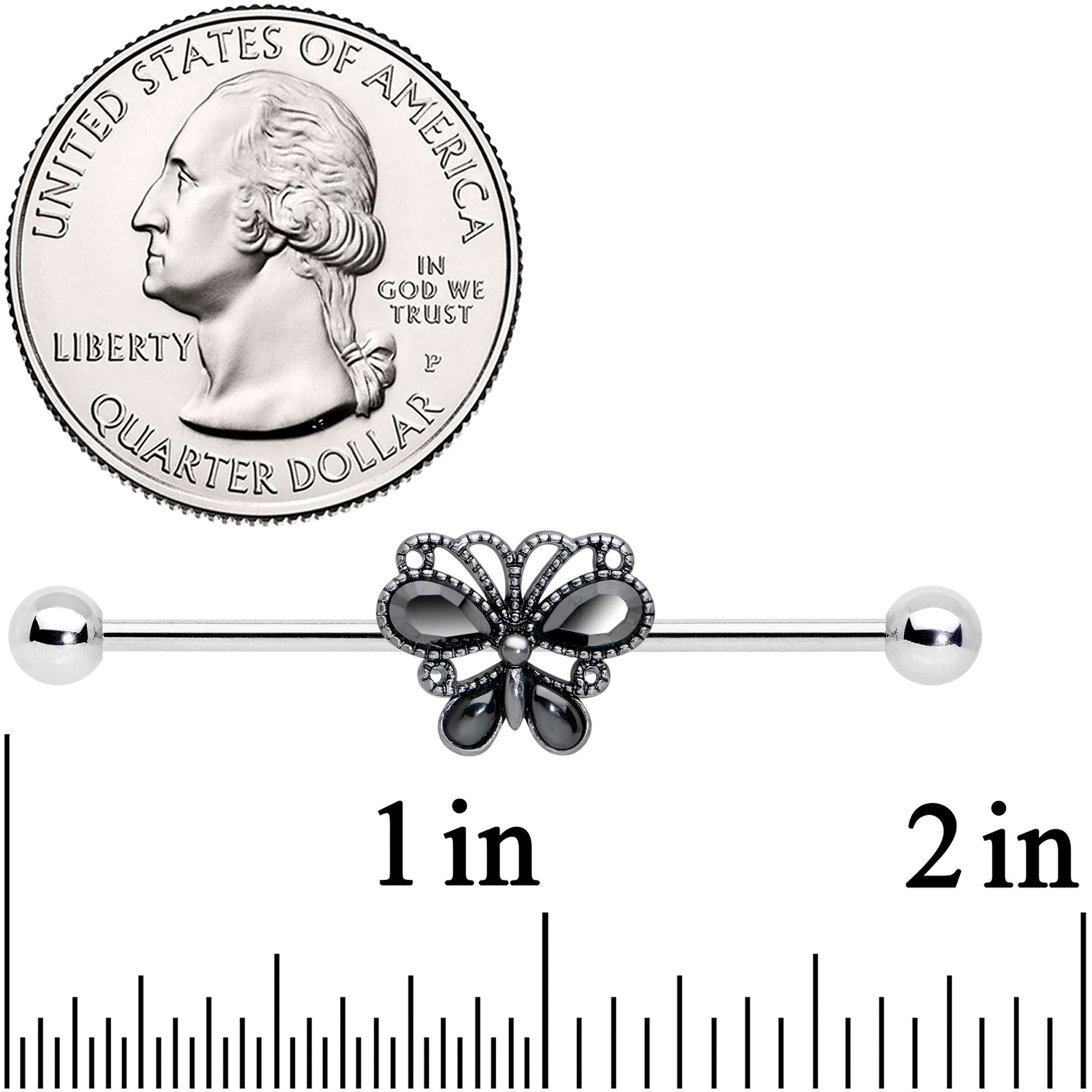 BodyCandy 14G Black Gem Abstract Bow Industrial Barbell 38mm — detail close-up