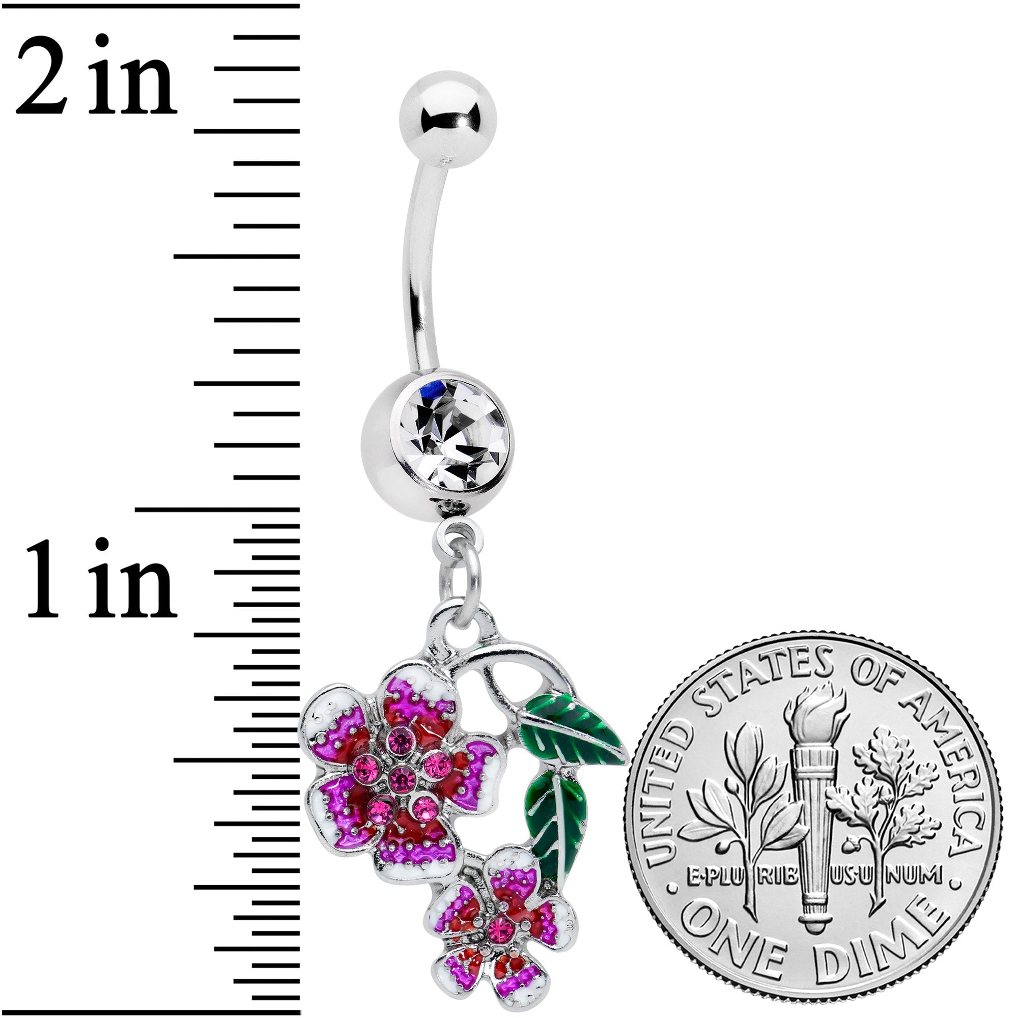 BodyCandy Clear Red Gem Flower in Flower Dangle Belly Ring — detail close-up