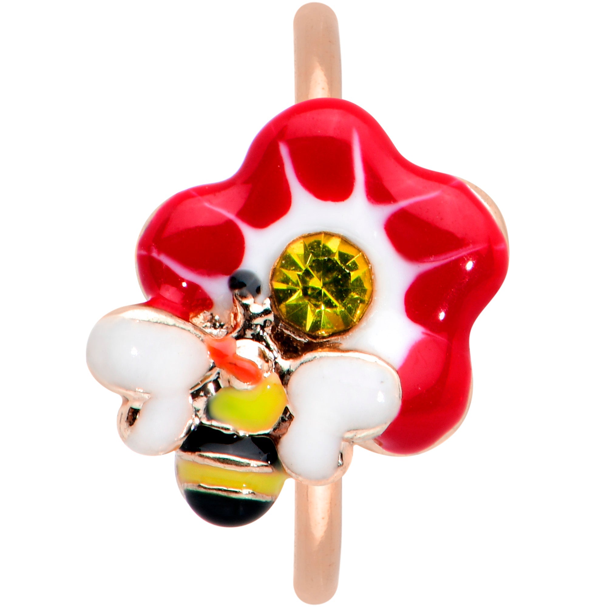 BodyCandy 20G 5/16 Yellow Gem Rose Gold Tone Queen Bee Flower Nose Hoop — detail close-up