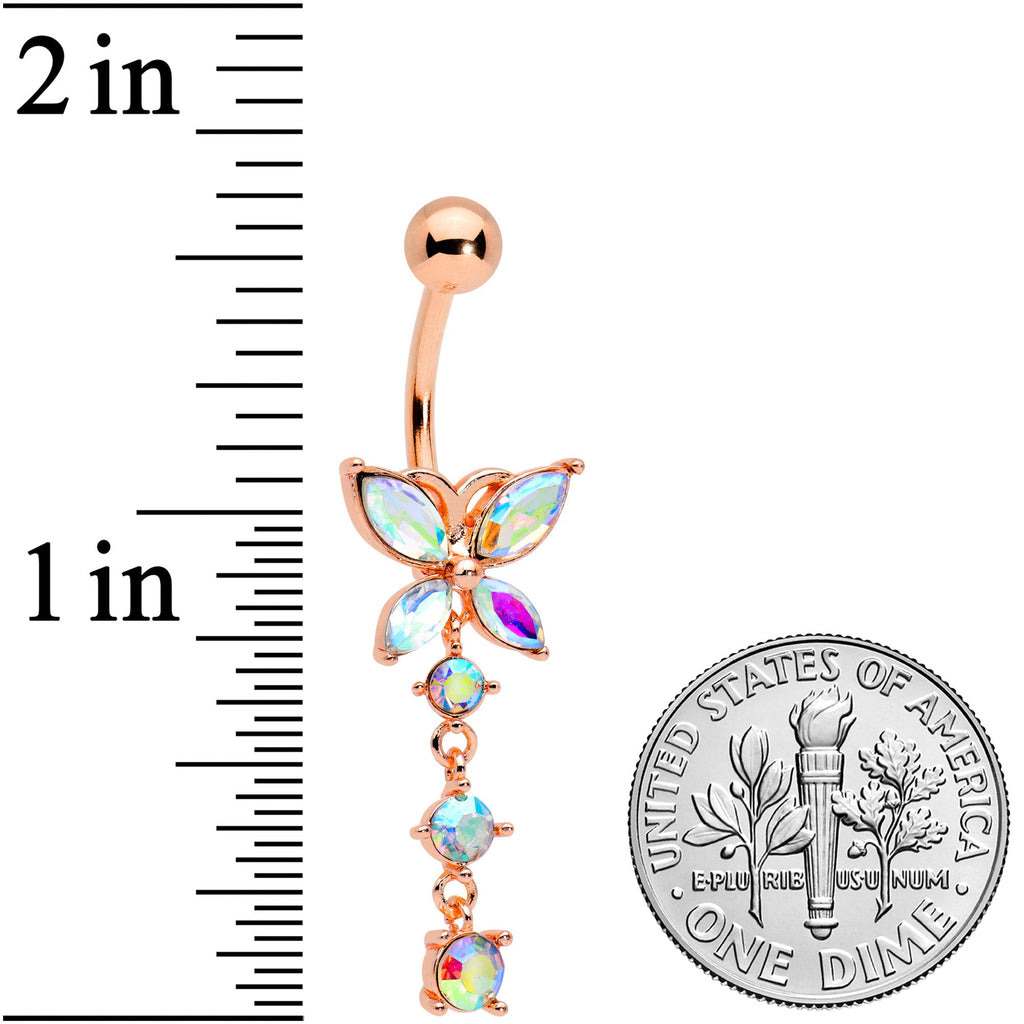 BodyCandy Aurora CZ Gem Rose Gold Tone Open Wing Butterfly Dangle Belly Ring — detail close-up
