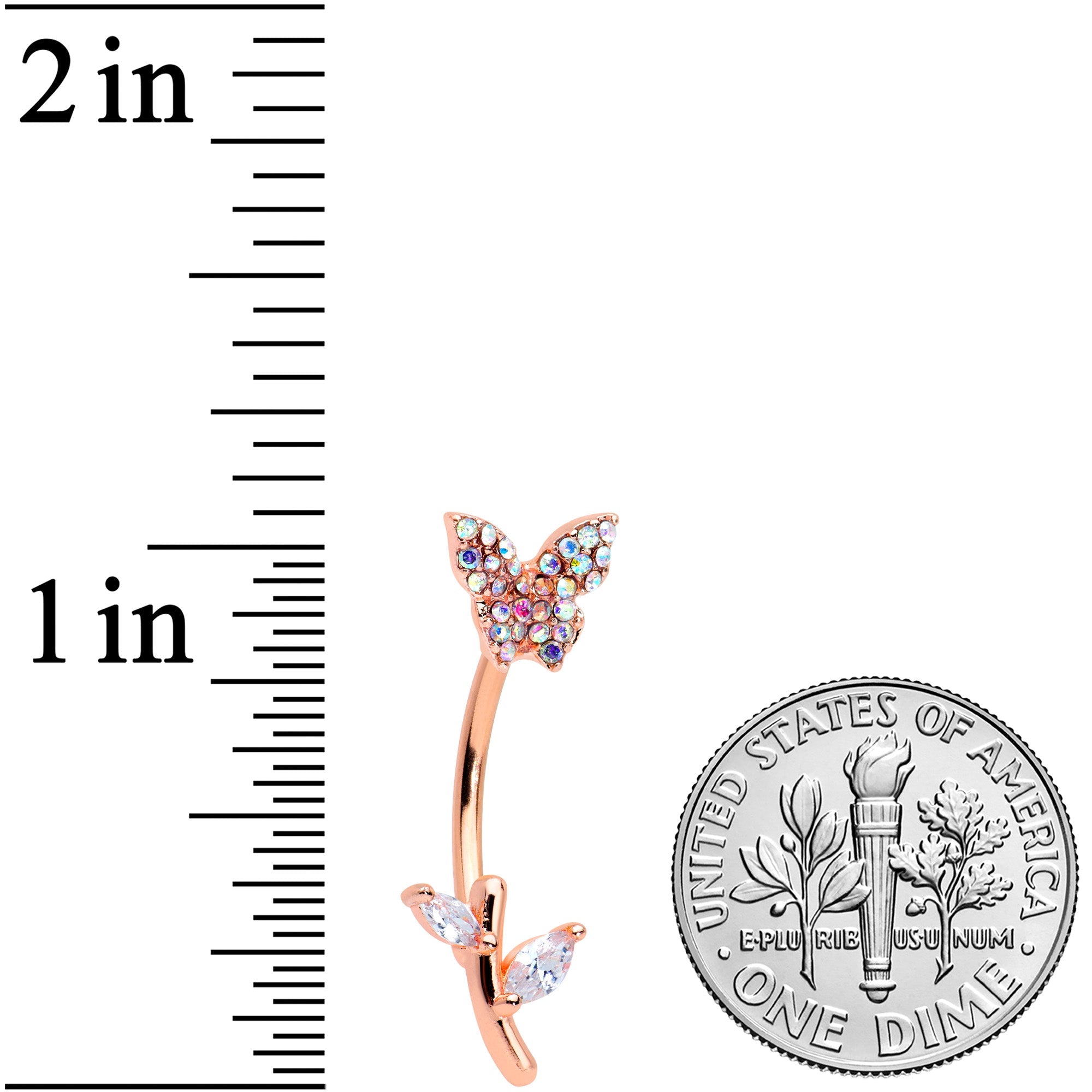 BodyCandy Aurora CZ Gem Rose Gold Tone Butterfly Branch Top Mount Belly Ring — detail close-up