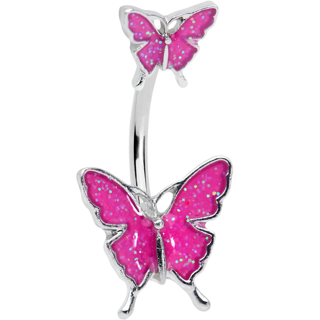 BodyCandy Pink Double Butterfly Glitter Wings Double Mount Belly Ring — main product shot