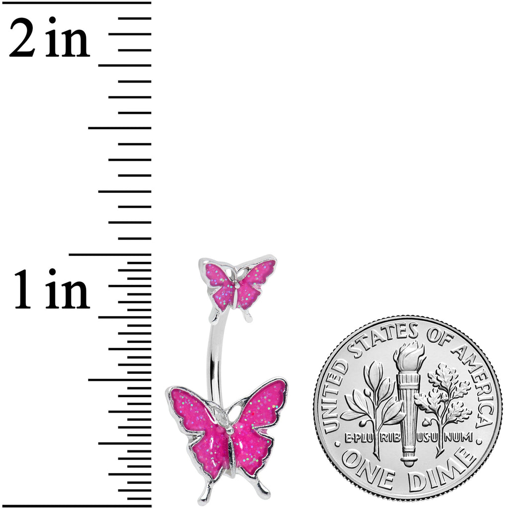 BodyCandy Pink Double Butterfly Glitter Wings Double Mount Belly Ring — detail close-up