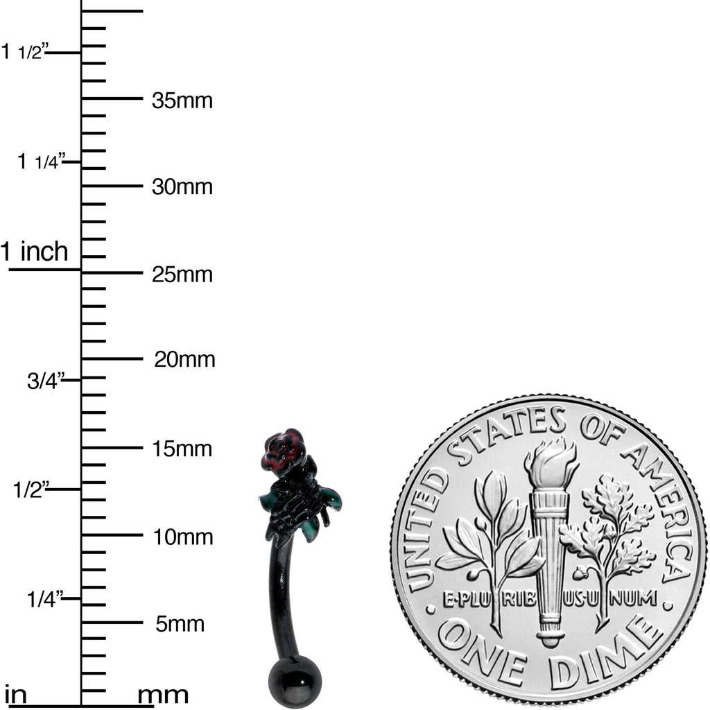 BodyCandy 16G 5/16 Black Skeleton Flower Halloween Curved Eyebrow Ring — detail close-up
