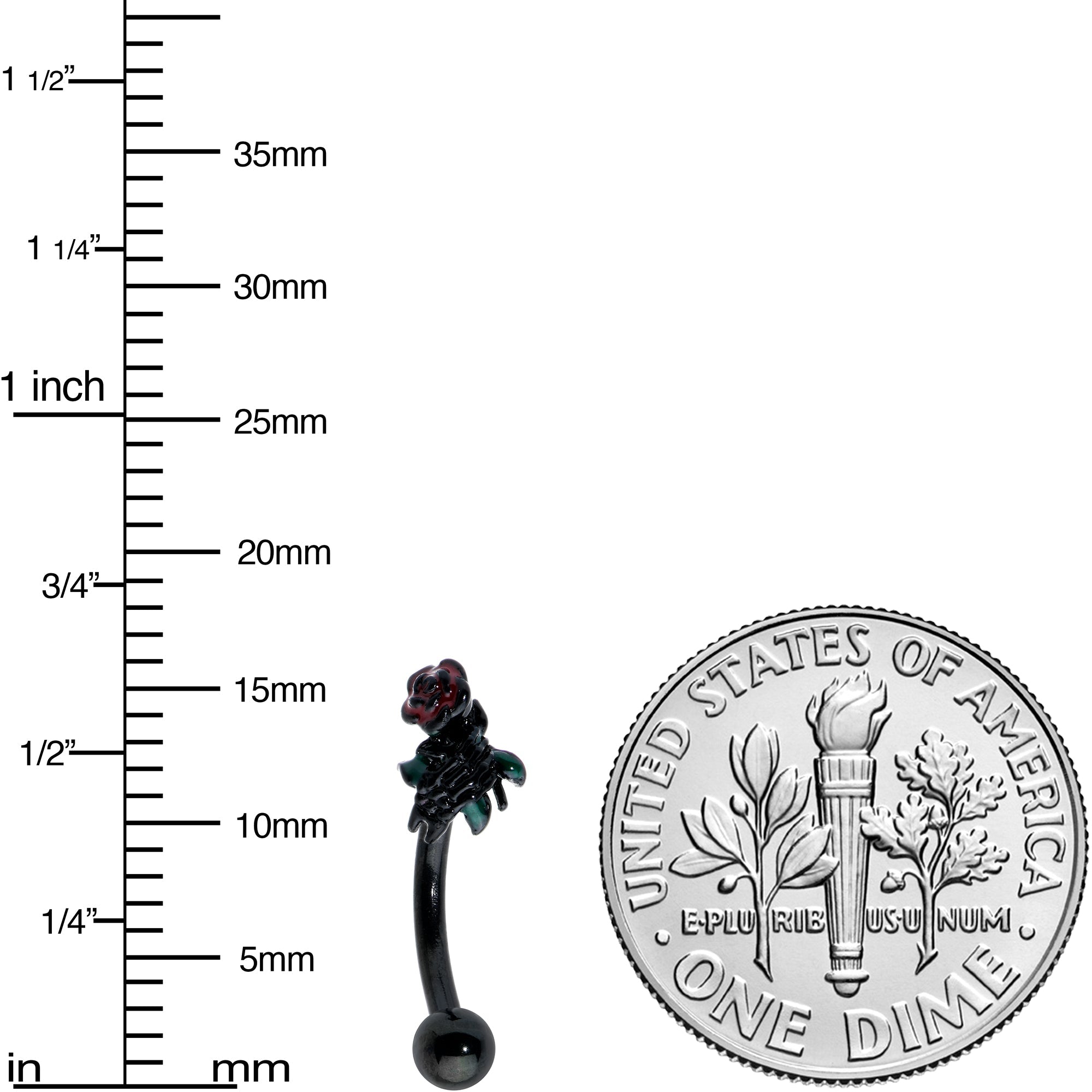 BodyCandy 16G 5/16 Black Skeleton Flower Halloween Curved Eyebrow Ring — detail close-up